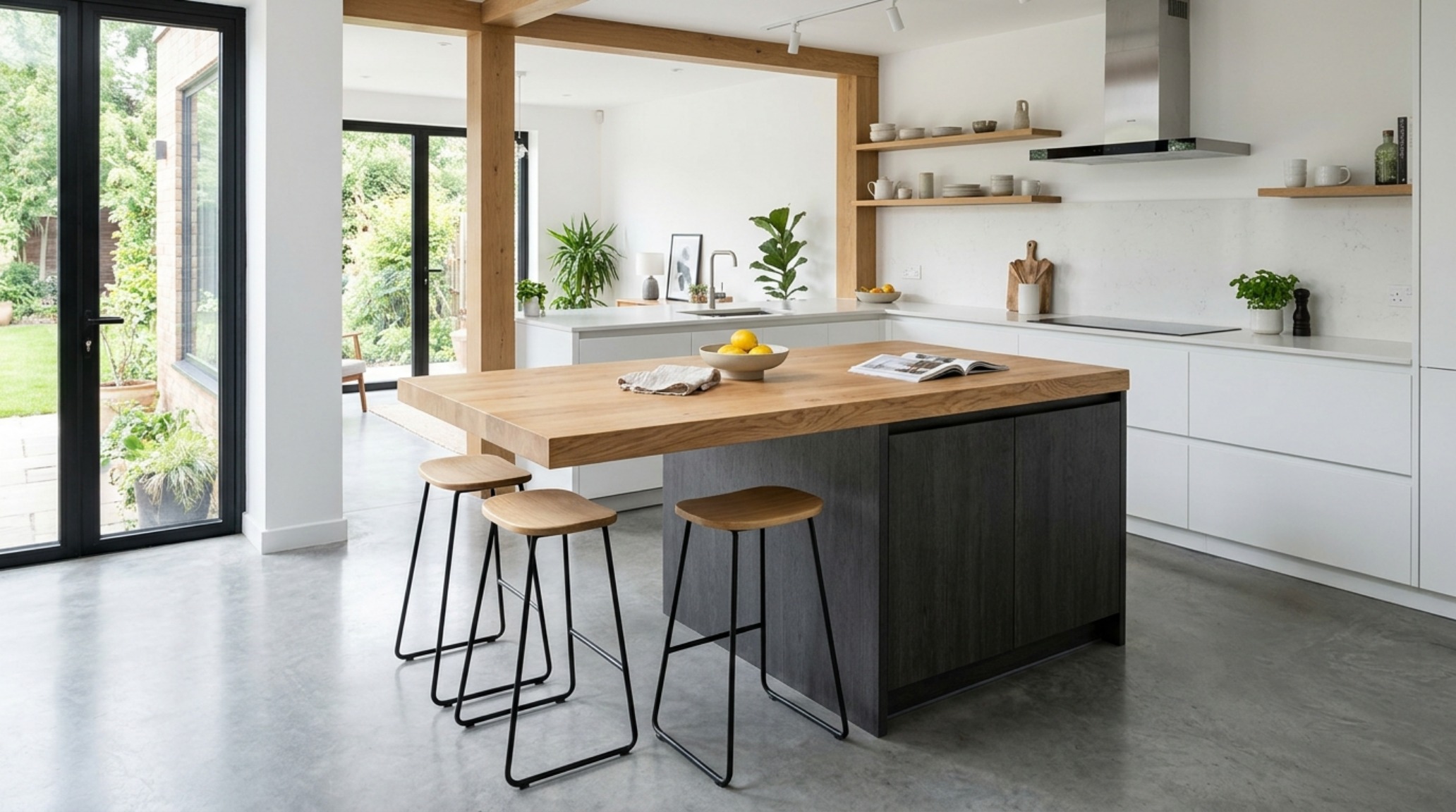 Small space home design tool free kitchen island design with cantilevered seating and 42-inch high-traffic circulation zones.