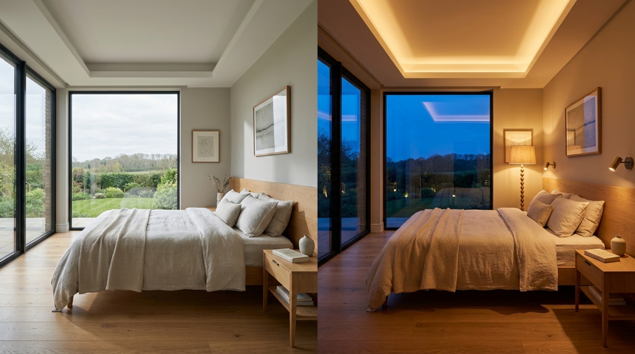 Home design tool free lighting guide showing the contrast between natural 5000K morning light and internal 2700K evening ambient presets.