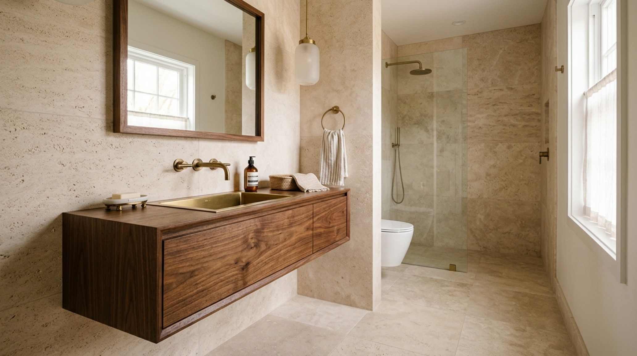 Small space home design tool free layout with a floating walnut vanity, brass fittings, and 12-inch floor-to-cabinet clearance to maximize visual space.