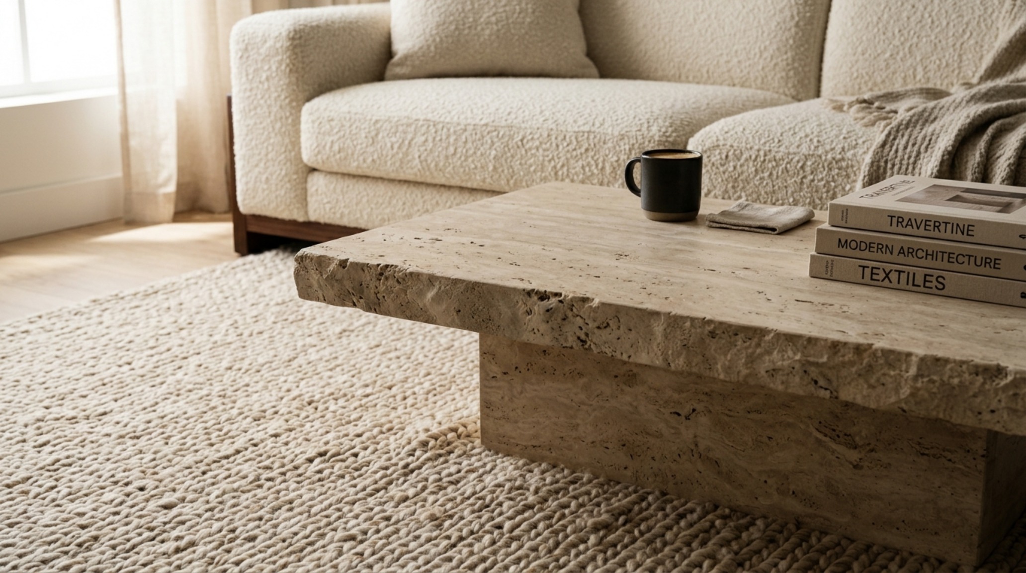 Luxury home design tool free textures showcasing a honed travertine coffee table paired with a low-profile bouclé sofa and deep charcoal accents.