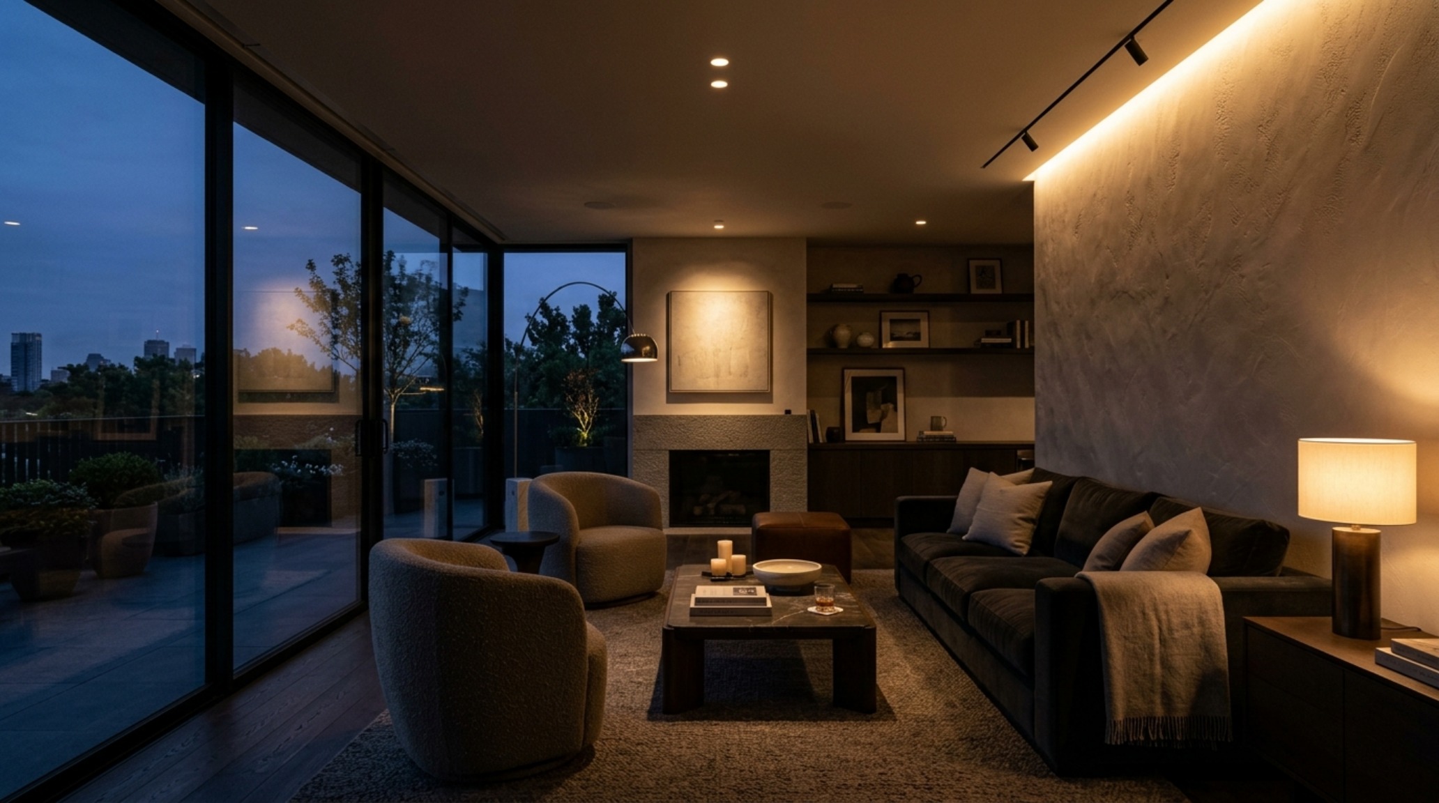 Home design tool free lighting guide visualization showing the 2700K warm glow of recessed LED strips against a lime-wash plaster wall with 92 CRI.