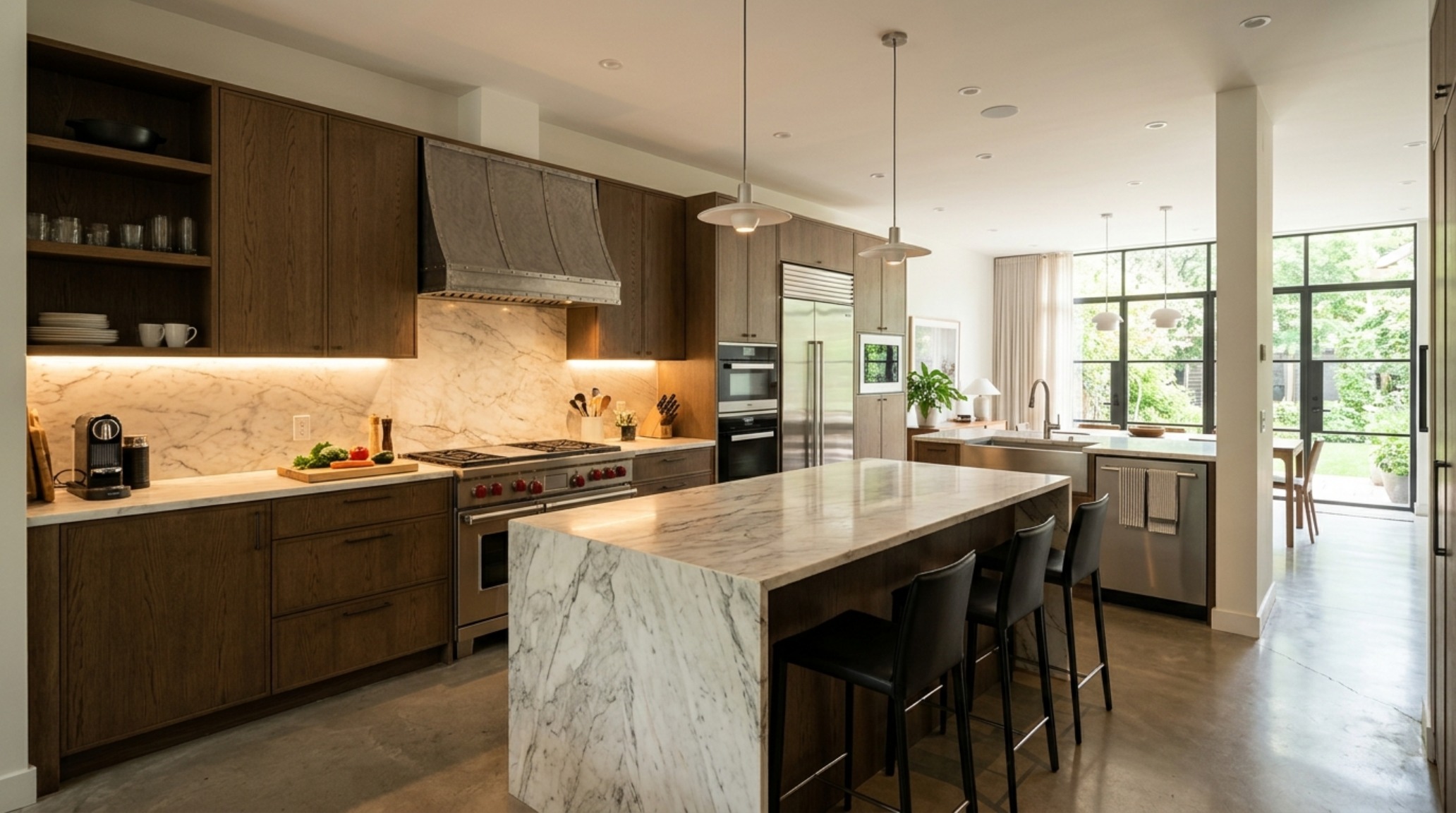 Home design tool free lighting guide demonstrating the 3000K task lighting in a kitchen with white marble islands and 24-inch appliance clearances.
