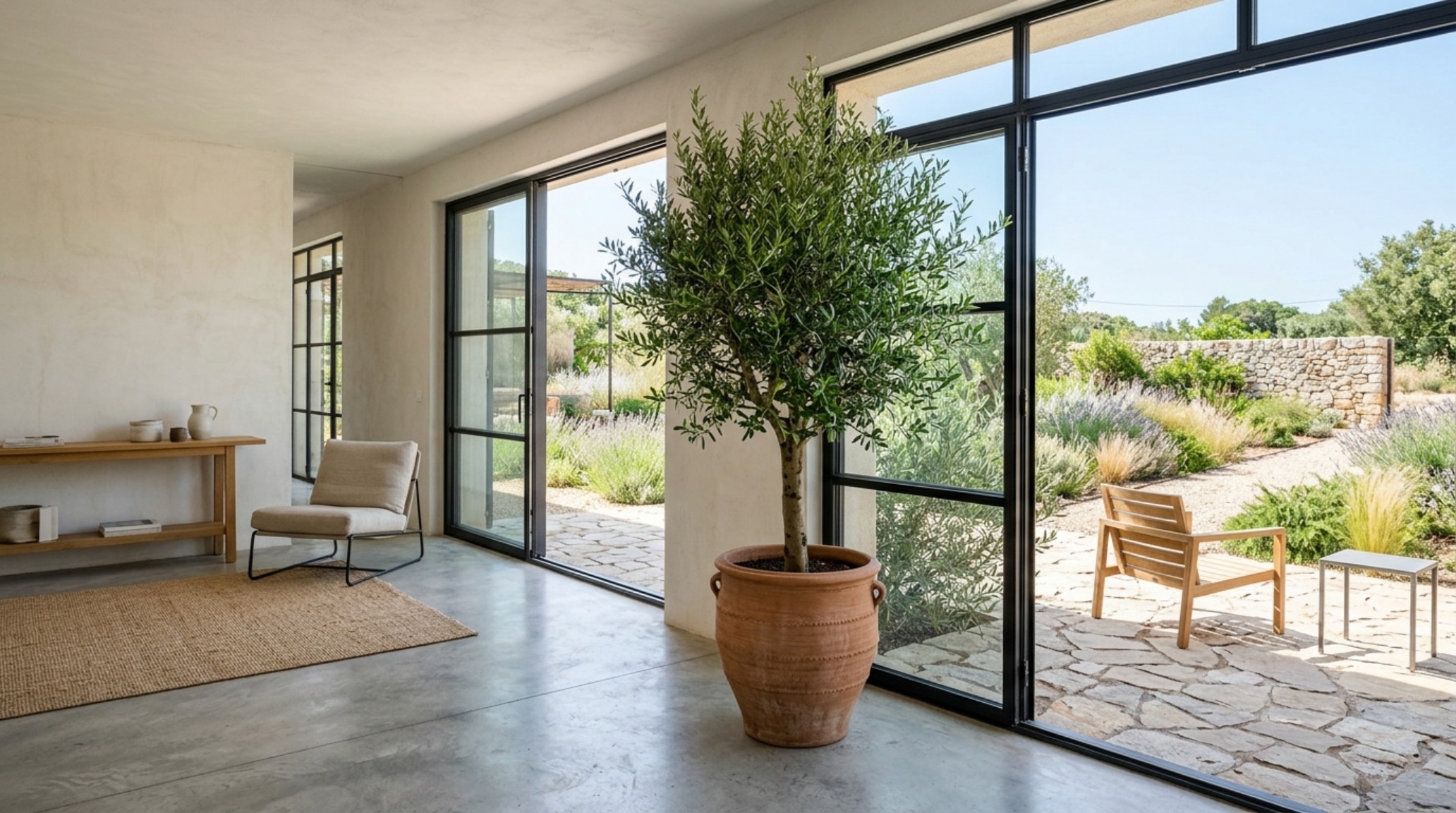 Modern home design tool free ideas for an outdoor-indoor transition featuring large steel-framed windows and organic clay pottery.