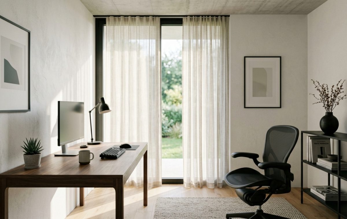 modern how to organize your office space at home ideas featuring a minimalist walnut desk with concealed cable management and matte black task lighting