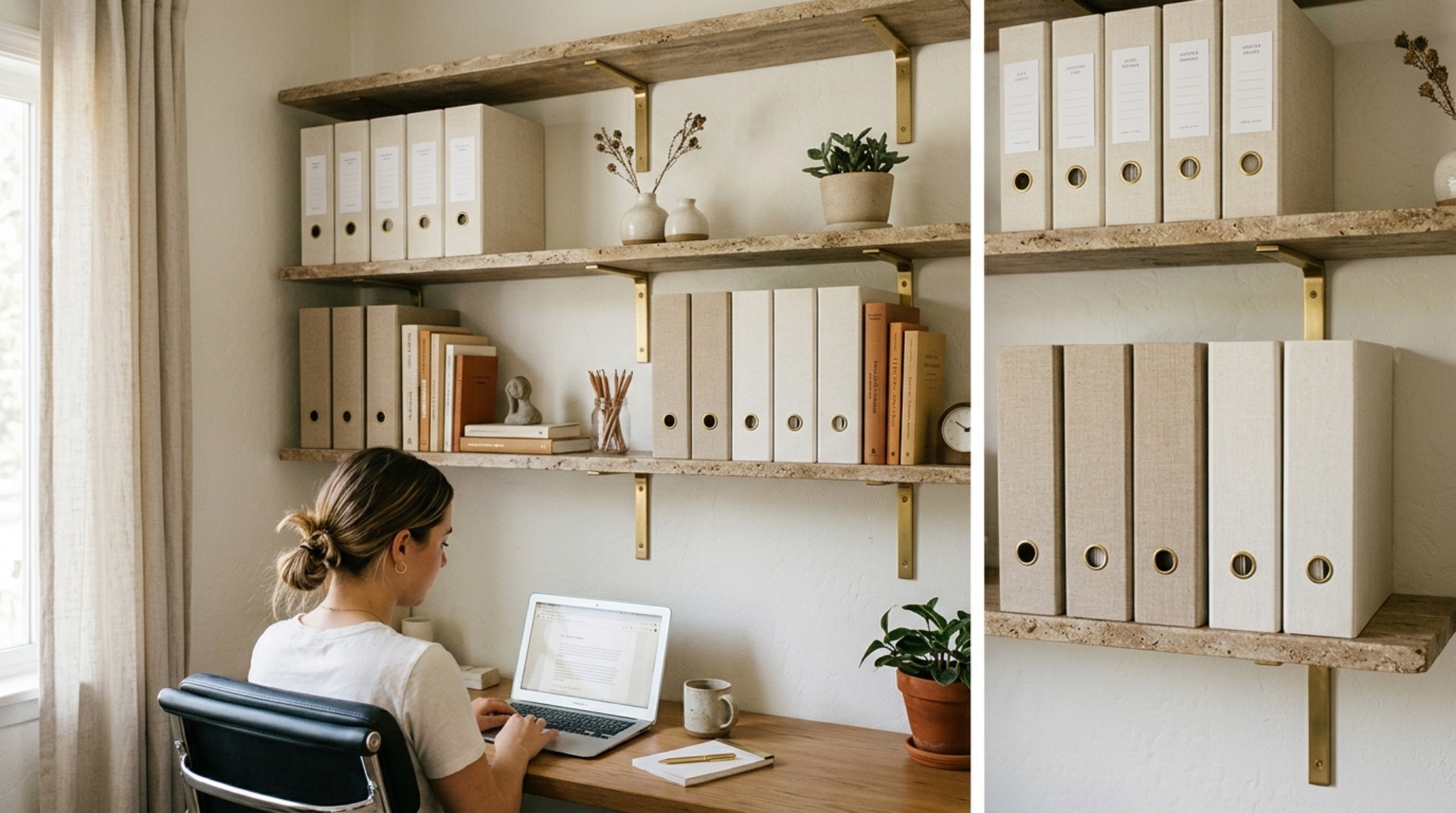 small space how to organize your office space at home highlighting a 20-inch vertical clearance between the desk surface and floating stone shelves small space how to organize your office space at home highlighting a 20-inch vertical clearance between the desk surface and floating stone shelves