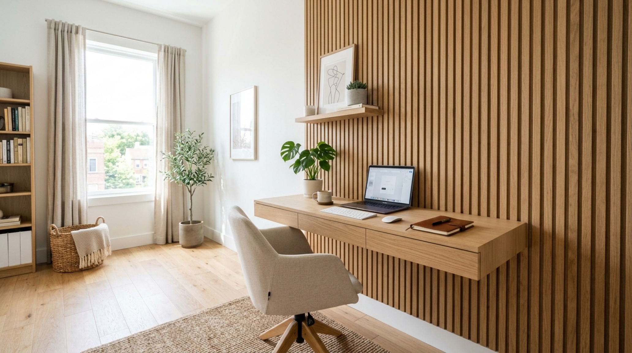 small space how to organize your office space at home with vertical white oak shelving and a floating desk to maximize floor plane visibility small space how to organize your office space at home with vertical white oak shelving and a floating desk to maximize floor plane visibility