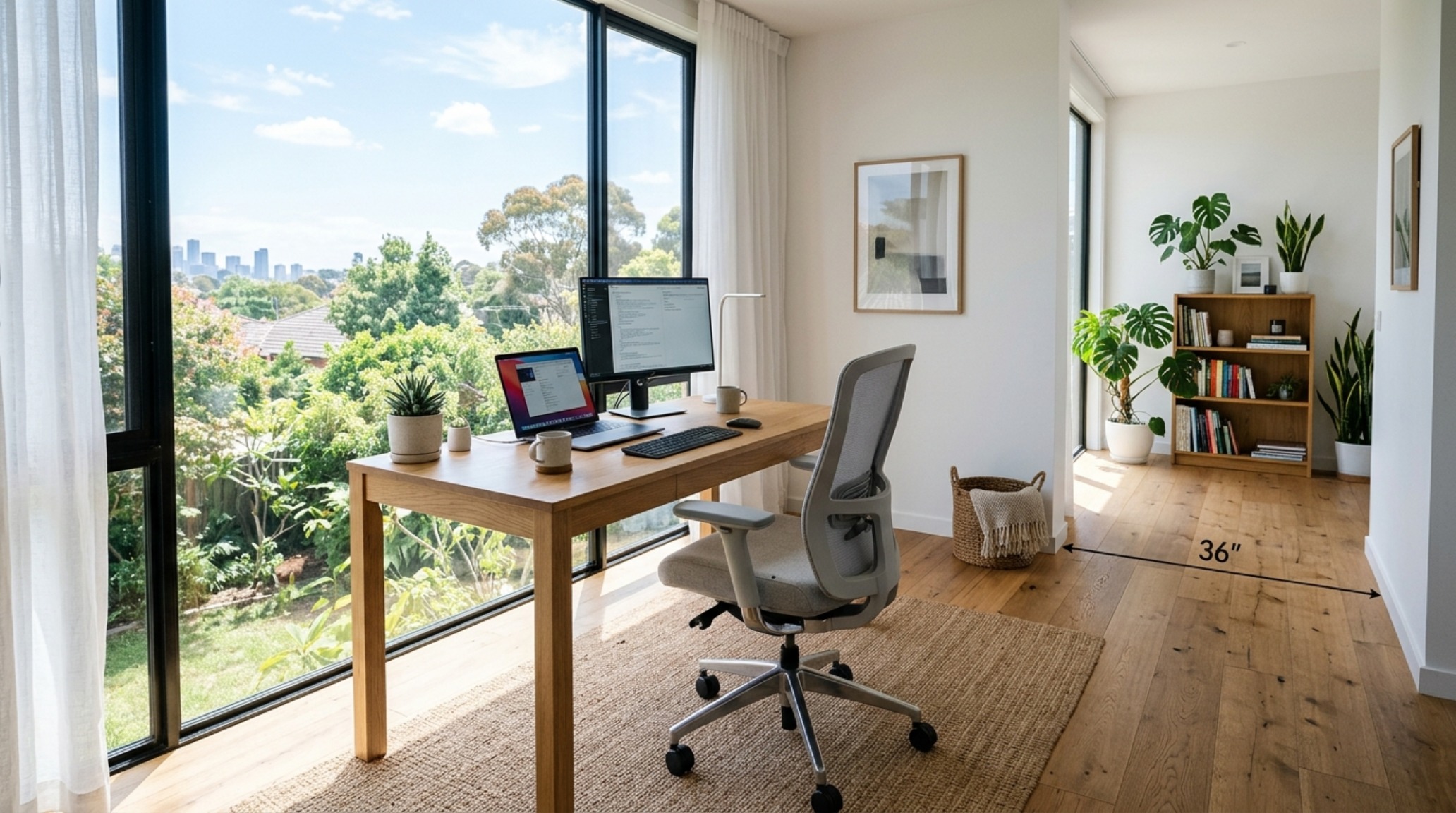 small space how to organize your office space at home utilizing a 36-inch clearance walkway and a slim profile ergonomic chair in a bright corner small space how to organize your office space at home utilizing a 36-inch clearance walkway and a slim profile ergonomic chair in a bright corner