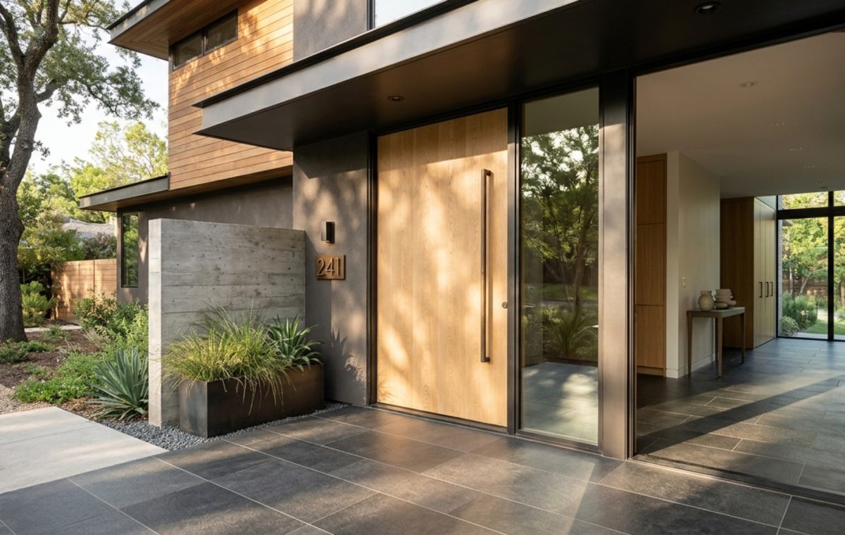 ideas for front doors featuring a massive white oak slab with a vertical bronze handle and limestone pavers