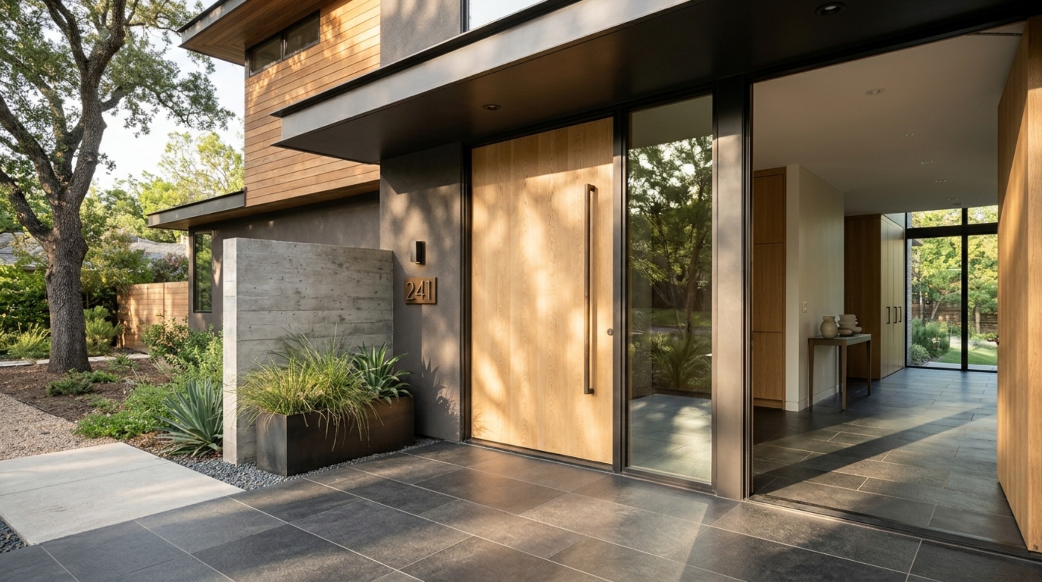 ideas for front doors featuring a massive white oak slab with a vertical bronze handle and limestone pavers ideas for front doors featuring a massive white oak slab with a vertical bronze handle and limestone pavers