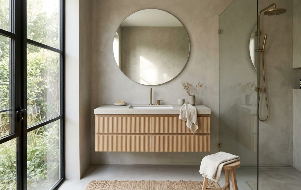 modern ideas for small bathrooms ideas featuring a monolithic microcement floor and wall treatment in a warm greige tone with a floating white oak vanity.