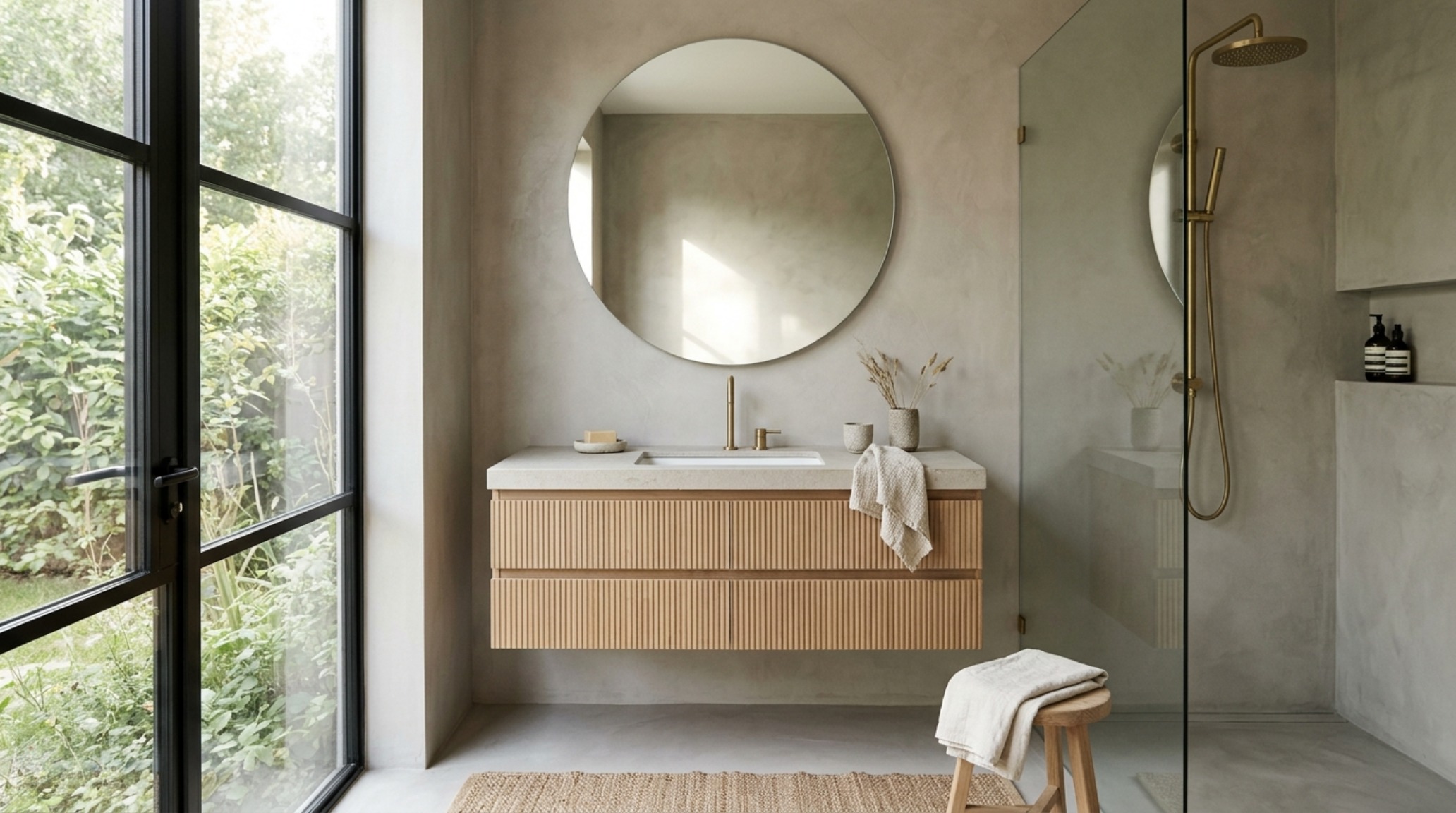 modern ideas for small bathrooms ideas featuring a monolithic microcement floor and wall treatment in a warm greige tone with a floating white oak vanity. modern ideas for small bathrooms ideas featuring a monolithic microcement floor and wall treatment in a warm greige tone with a floating white oak vanity.