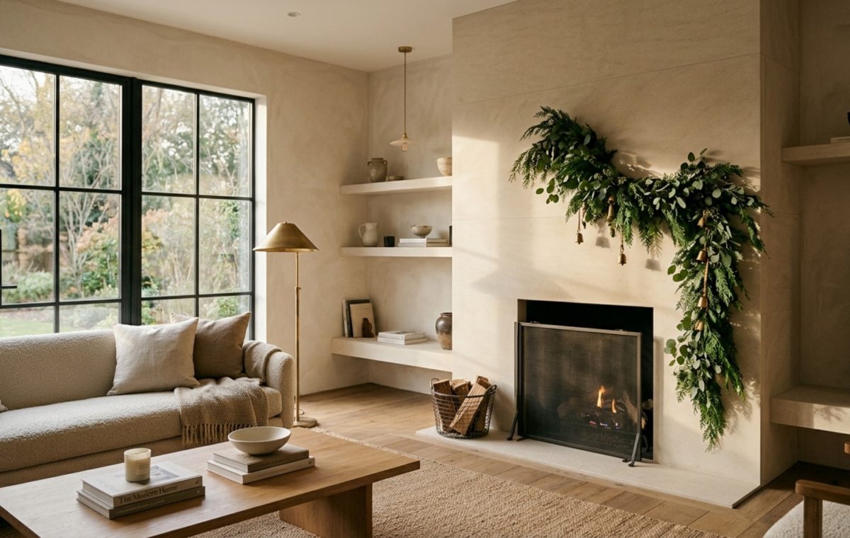 modern ideas for decorating for christmas ideas featuring a minimalist limestone fireplace with asymmetrical cedar garland and warm 2700K ambient lighting