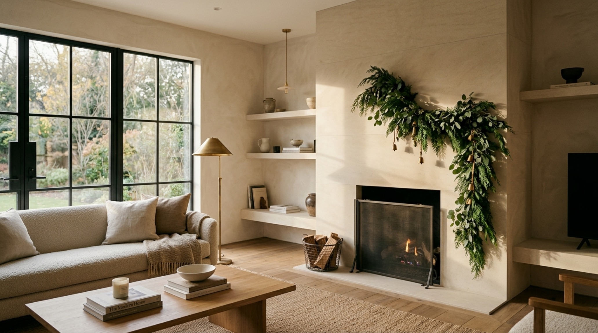 modern ideas for decorating for christmas ideas featuring a minimalist limestone fireplace with asymmetrical cedar garland and warm 2700K ambient lighting modern ideas for decorating for christmas ideas featuring a minimalist limestone fireplace with asymmetrical cedar garland and warm 2700K ambient lighting