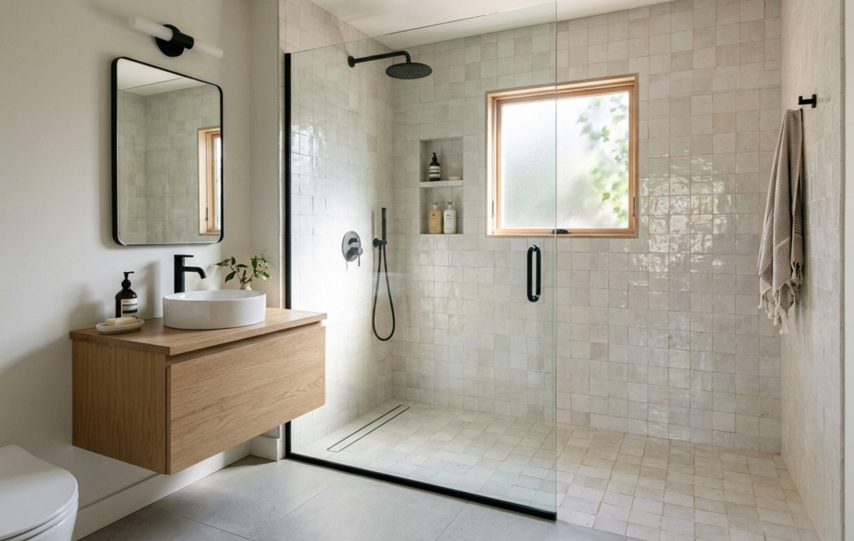 modern ideas for small bathrooms ideas featuring a curbless walk-in shower with vertical stack-bond Zellige tiles and a sleek linear drain for seamless flooring.