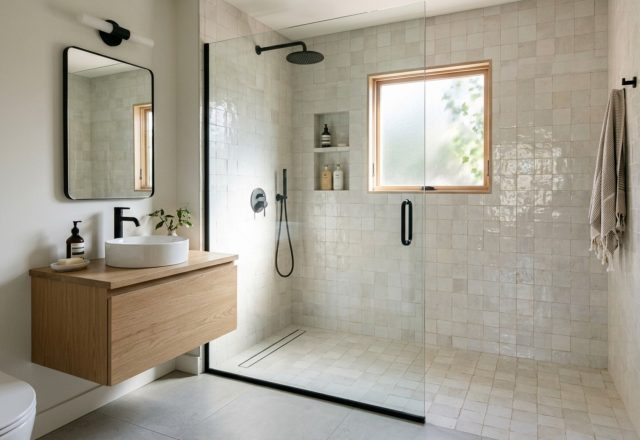 modern ideas for small bathrooms ideas featuring a curbless walk-in shower with vertical stack-bond Zellige tiles and a sleek linear drain for seamless flooring.