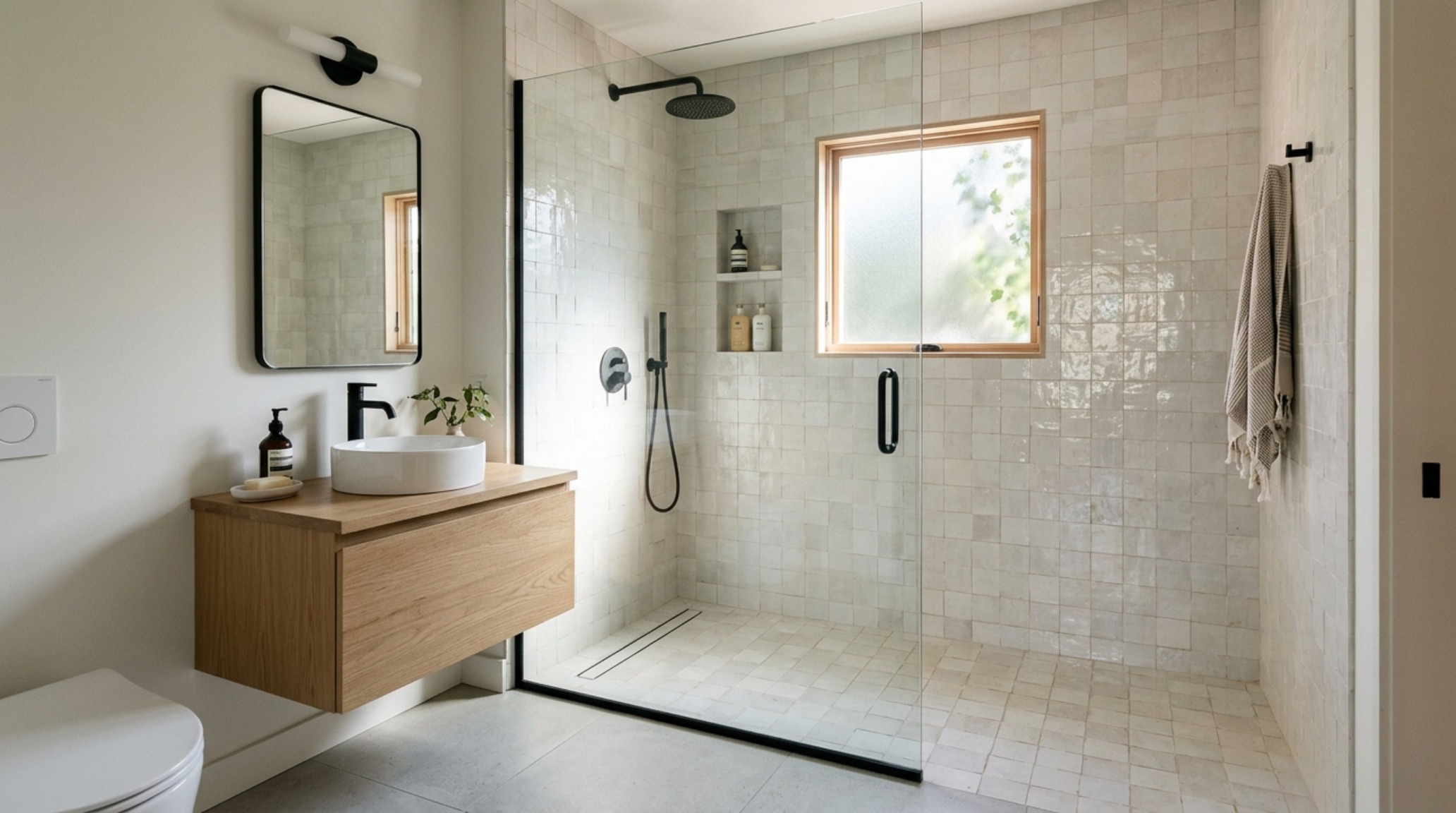 modern ideas for small bathrooms ideas featuring a curbless walk-in shower with vertical stack-bond Zellige tiles and a sleek linear drain for seamless flooring. modern ideas for small bathrooms ideas featuring a curbless walk-in shower with vertical stack-bond Zellige tiles and a sleek linear drain for seamless flooring.