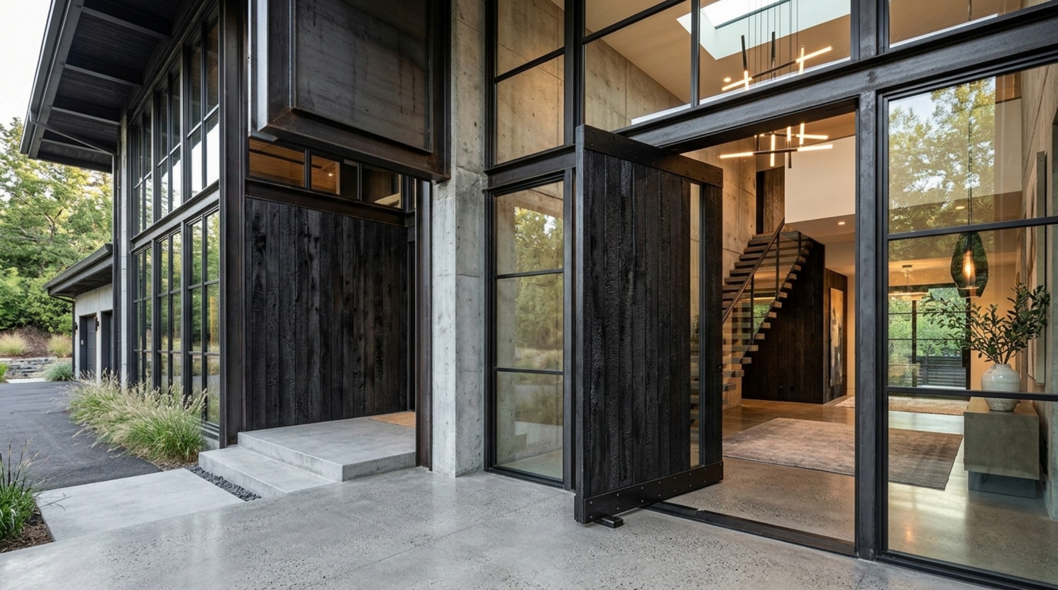 modern ideas for front doors ideas featuring a double-height glass entry with a sleek charcoal aluminum frame modern ideas for front doors ideas featuring a double-height glass entry with a sleek charcoal aluminum frame