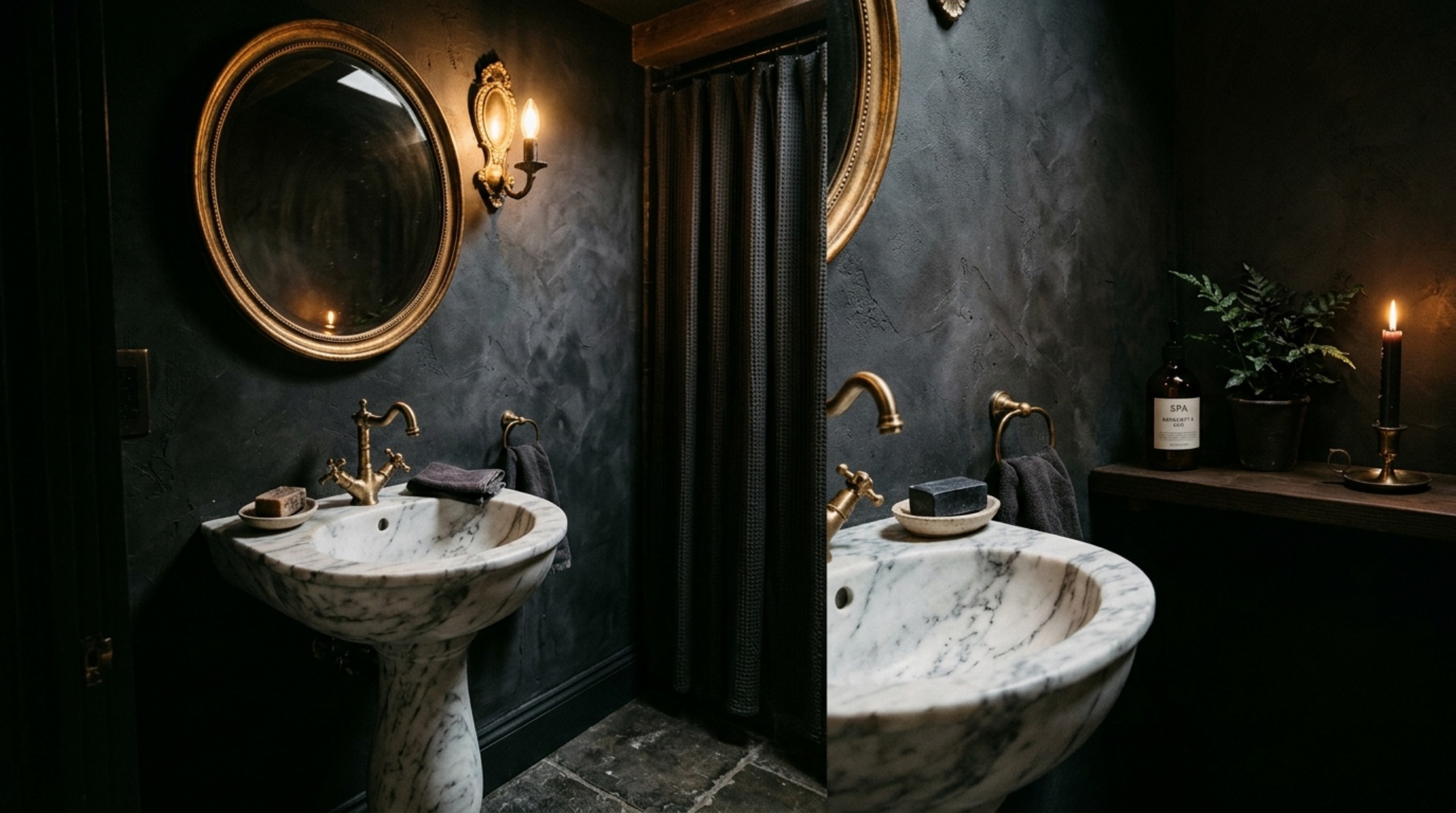 luxury ideas for small bathrooms textures featuring a dark charcoal plaster wall finish paired with a marble pedestal sink and gold accents. luxury ideas for small bathrooms textures featuring a dark charcoal plaster wall finish paired with a marble pedestal sink and gold accents.