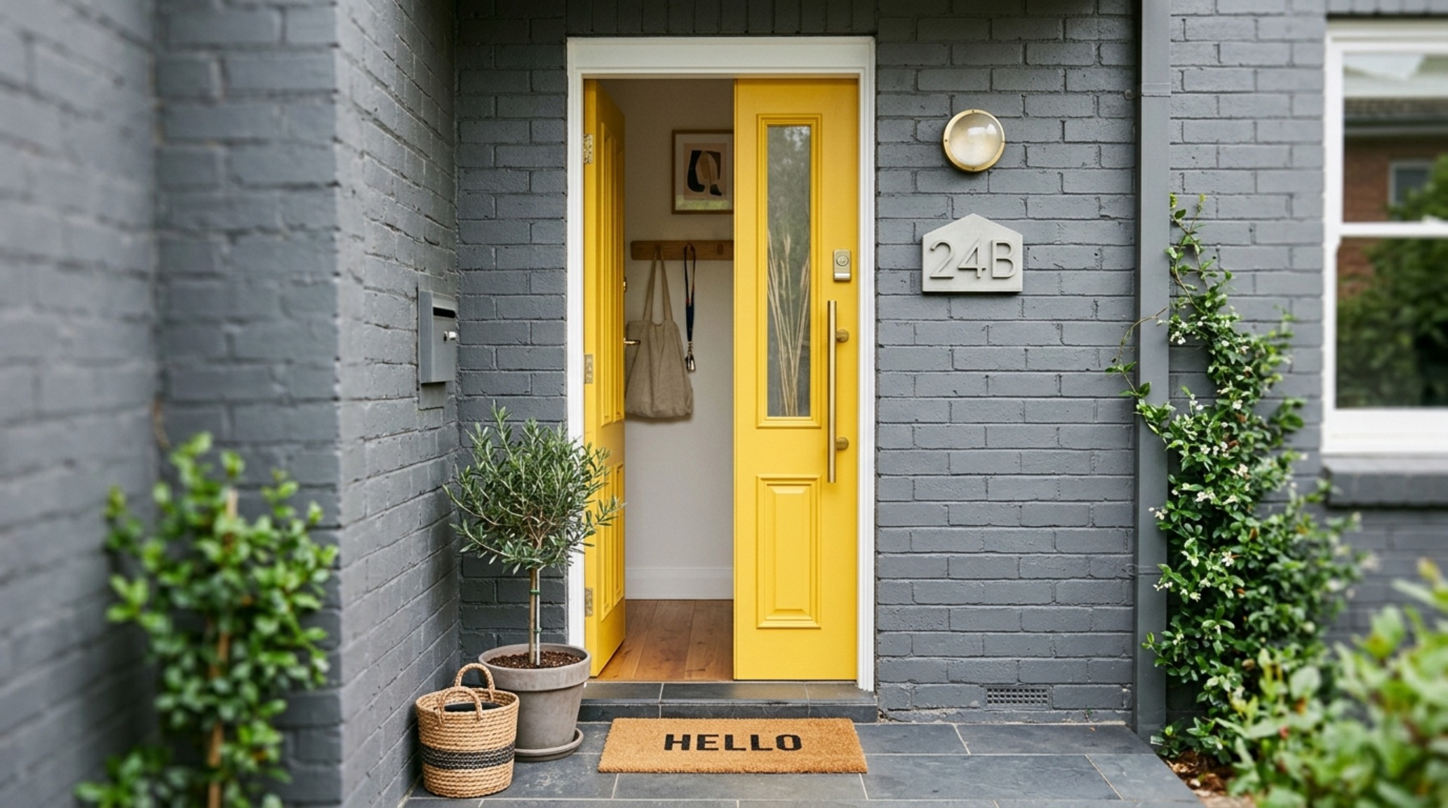 small space ideas for front doors featuring a vibrant saffron yellow door in a compact urban terrace with potted olive trees small space ideas for front doors featuring a vibrant saffron yellow door in a compact urban terrace with potted olive trees