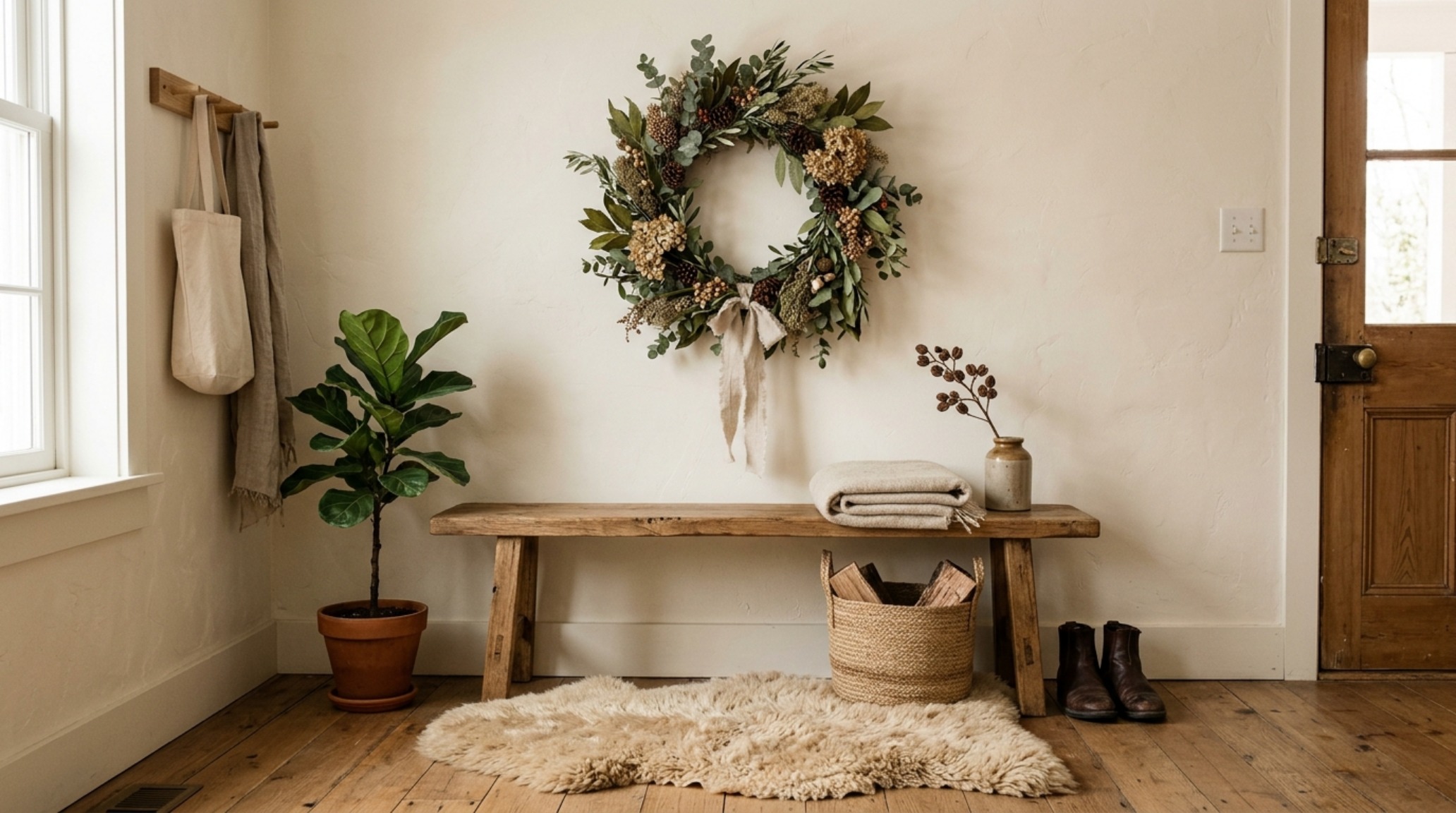 small space ideas for decorating for christmas with a wall-mounted wreath above a compact entryway bench styled with shearling small space ideas for decorating for christmas with a wall-mounted wreath above a compact entryway bench styled with shearling
