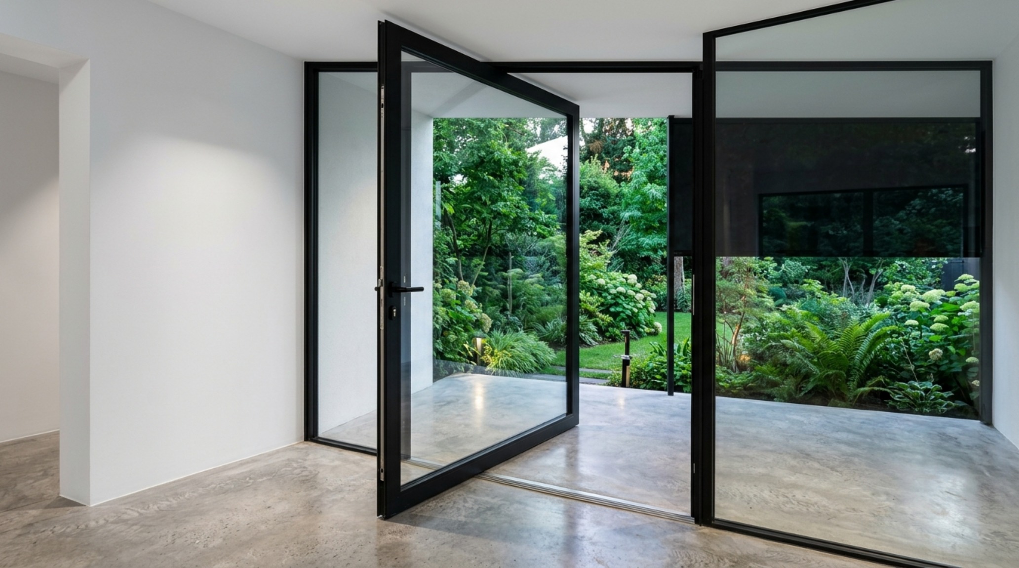 modern ideas for front doors ideas showcasing a black steel pivot door with floor-to-ceiling glass sidelights in a minimalist home modern ideas for front doors ideas showcasing a black steel pivot door with floor-to-ceiling glass sidelights in a minimalist home