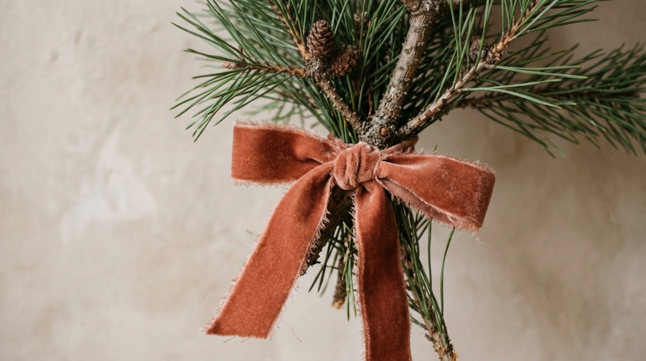 luxury ideas for decorating for christmas textures showing a close-up of velvet ribbons in Farrow & Ball Setting Plaster tied to organic pine branches luxury ideas for decorating for christmas textures showing a close-up of velvet ribbons in Farrow & Ball Setting Plaster tied to organic pine branches