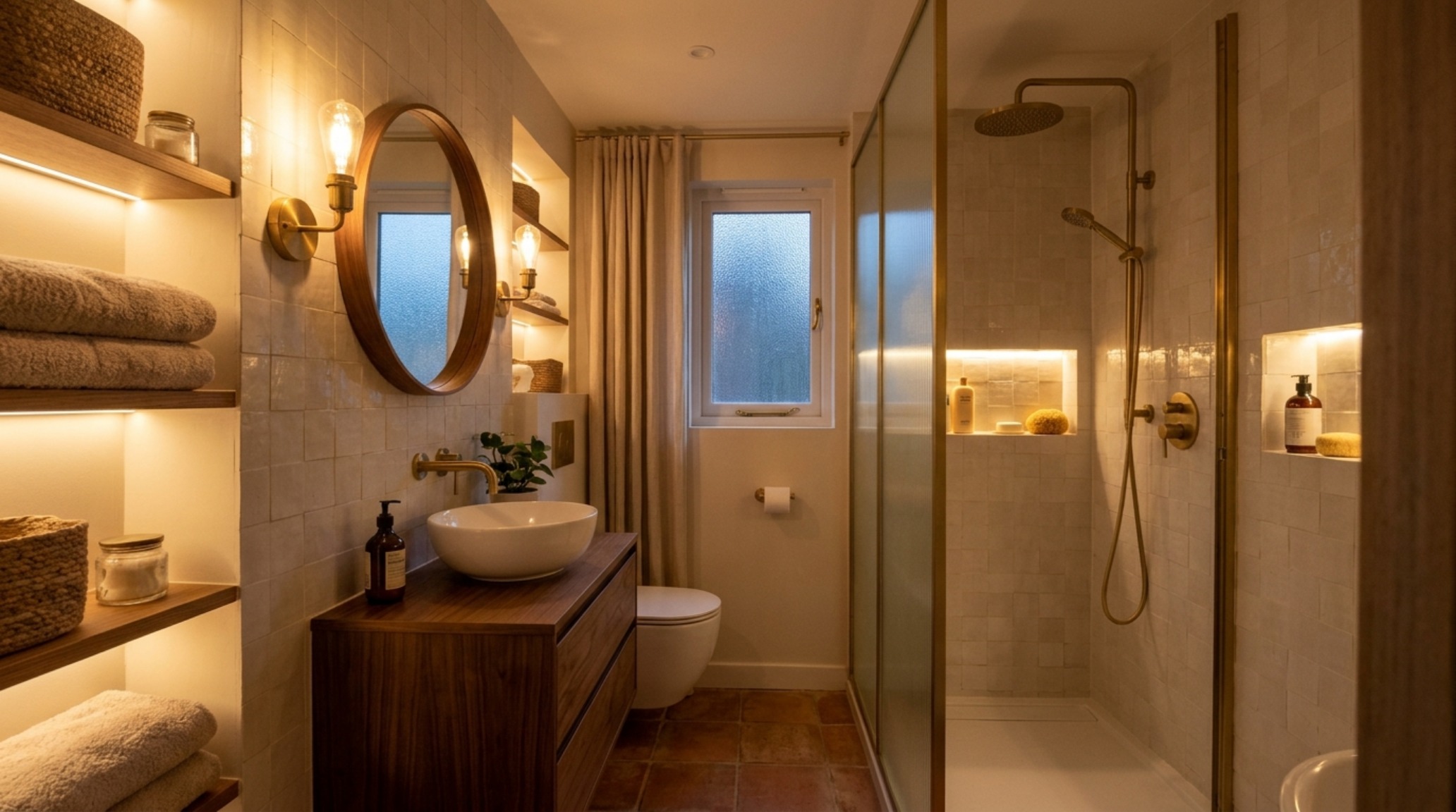 ideas for small bathrooms lighting guide demonstrating 2700K warm ambient lighting from recessed ceiling niches and vertical wall sconces. ideas for small bathrooms lighting guide demonstrating 2700K warm ambient lighting from recessed ceiling niches and vertical wall sconces.