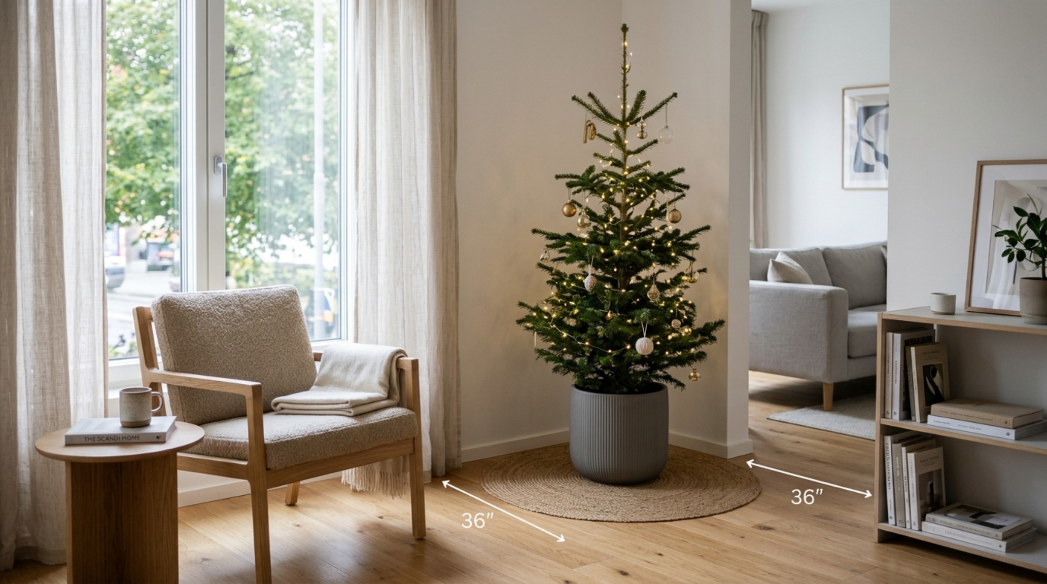 small space ideas for decorating for christmas utilizing a slim-profile Nordmann Fir in a neutral ceramic pot to maintain 36-inch walkway clearances small space ideas for decorating for christmas utilizing a slim-profile Nordmann Fir in a neutral ceramic pot to maintain 36-inch walkway clearances
