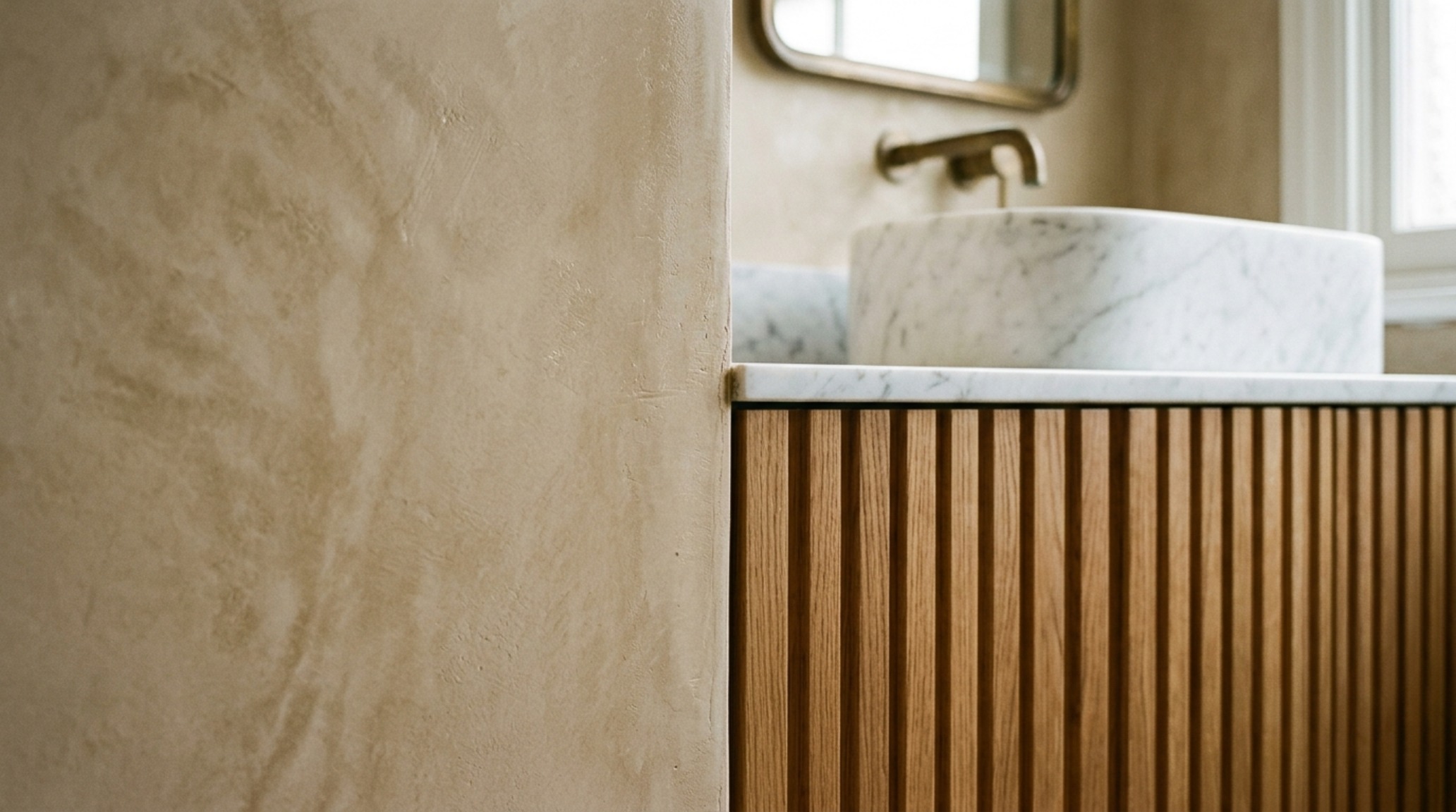 luxury ideas for small bathrooms textures highlighting a seamless Tadelakt plaster wall finish in a warm sand tone paired with unlacquered brass hardware. luxury ideas for small bathrooms textures highlighting a seamless Tadelakt plaster wall finish in a warm sand tone paired with unlacquered brass hardware.