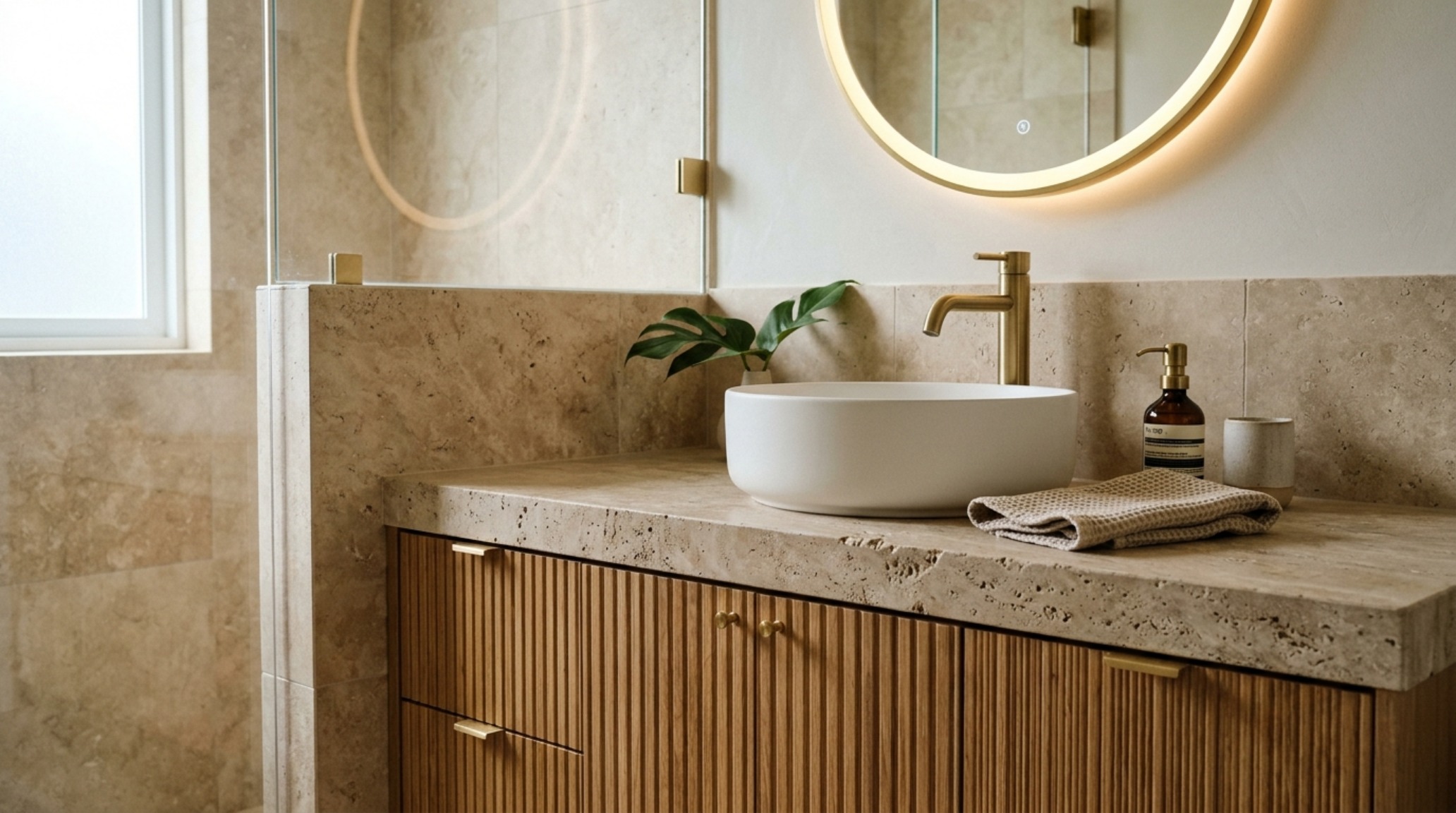 modern ideas for small bathrooms ideas with a fluted wood vanity cabinet and a custom-cut honed travertine countertop. modern ideas for small bathrooms ideas with a fluted wood vanity cabinet and a custom-cut honed travertine countertop.