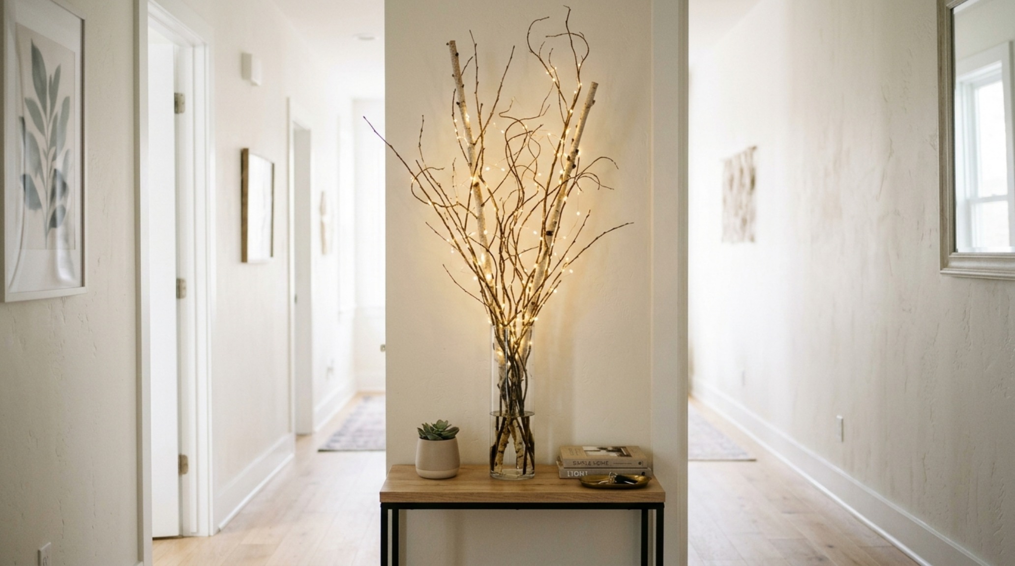 small space ideas for decorating for christmas showcasing a vertical branch arrangement in a glass vase on a narrow hallway console table small space ideas for decorating for christmas showcasing a vertical branch arrangement in a glass vase on a narrow hallway console table