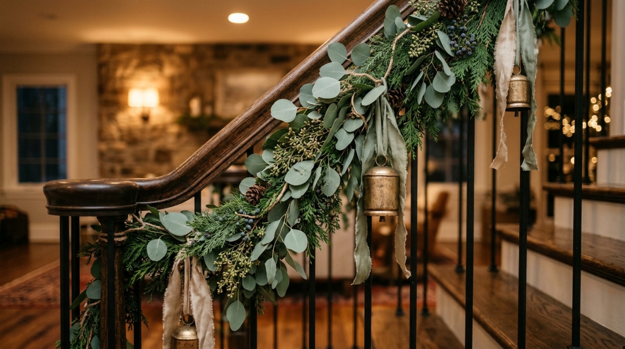 ideas for decorating for christmas lighting guide with high CRI 90+ bulbs illuminating a staircase draped in eucalyptus and brass bells ideas for decorating for christmas lighting guide with high CRI 90+ bulbs illuminating a staircase draped in eucalyptus and brass bells