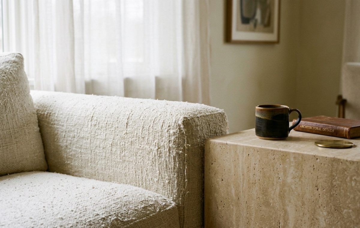 luxury inexpensive apartment decorating ideas textures featuring a close-up of a heavy Belgian linen sofa layered with a chunky waffle-weave throw and a honed travertine side table.