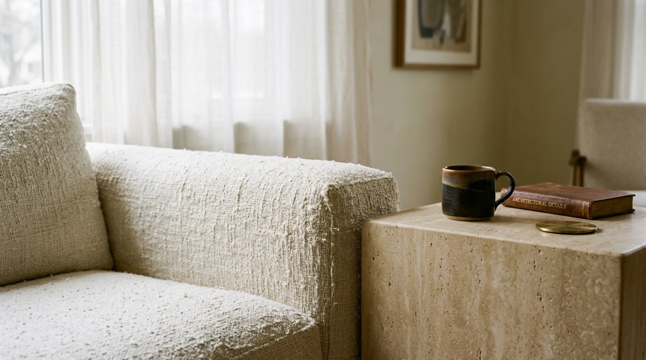 luxury inexpensive apartment decorating ideas textures featuring a close-up of a heavy Belgian linen sofa layered with a chunky waffle-weave throw and a honed travertine side table. luxury inexpensive apartment decorating ideas textures featuring a close-up of a heavy Belgian linen sofa layered with a chunky waffle-weave throw and a honed travertine side table.
