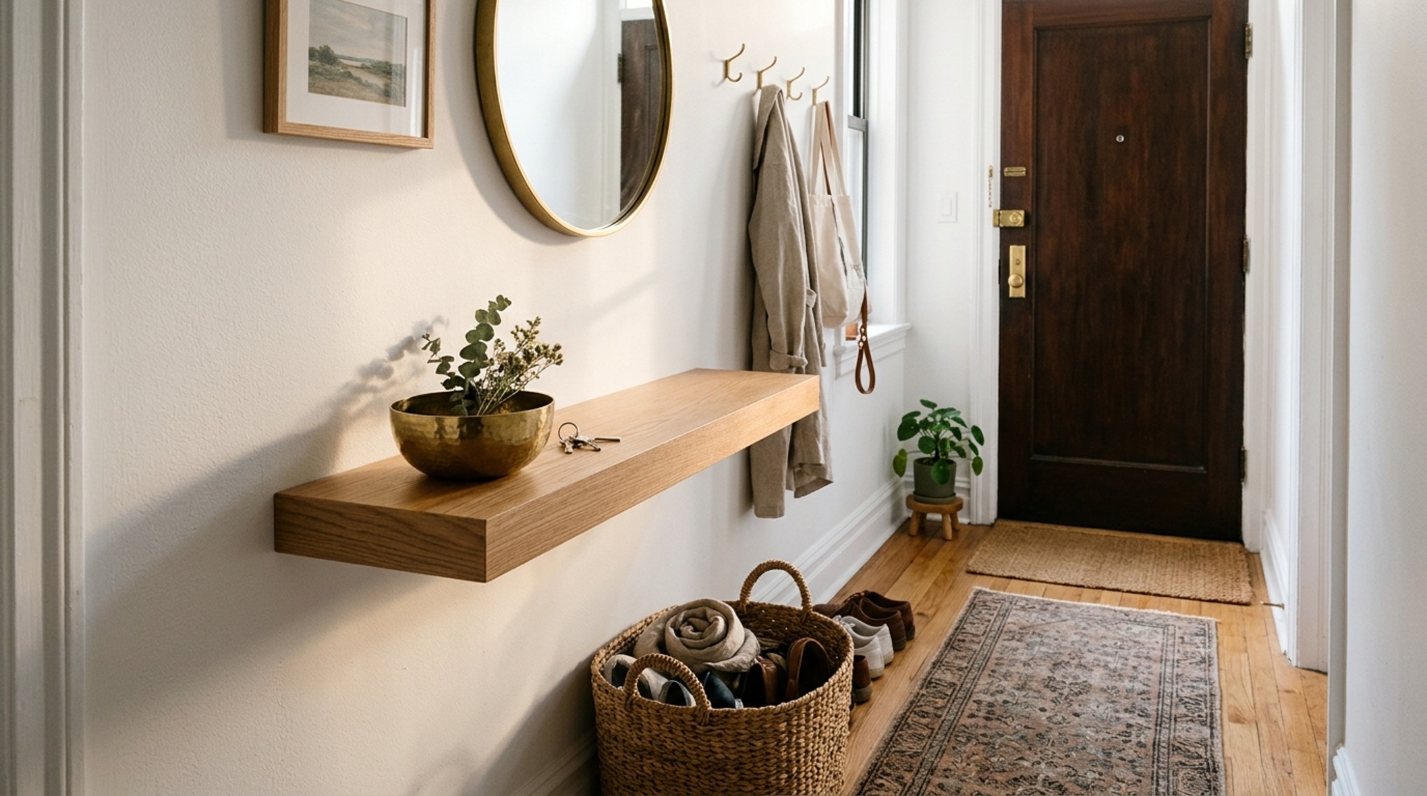 small space inexpensive apartment decorating ideas showing an entryway with a slim floating console and a woven seagrass basket for storage. small space inexpensive apartment decorating ideas showing an entryway with a slim floating console and a woven seagrass basket for storage.