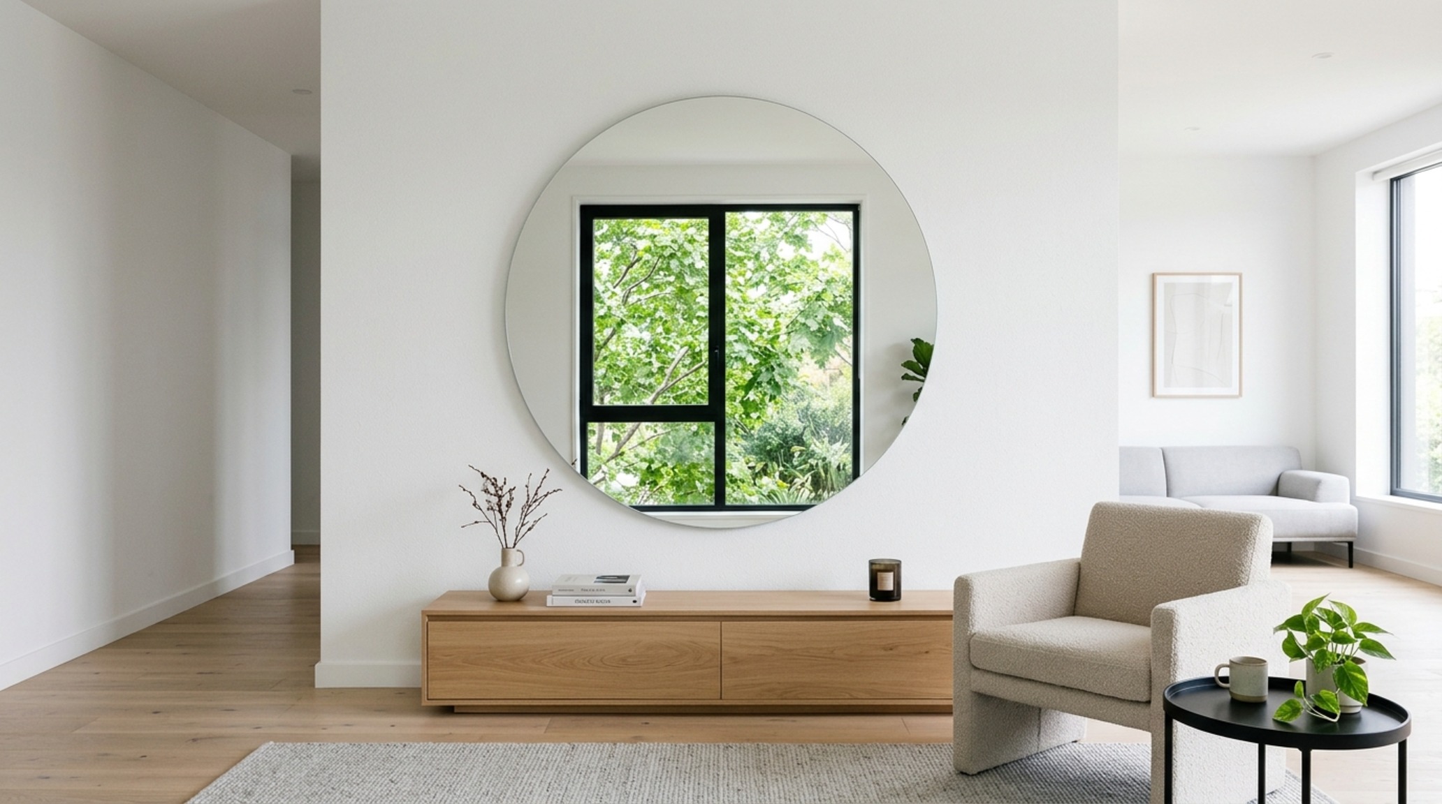 modern inexpensive apartment decorating ideas ideas showcasing a large-scale circular mirror reflecting natural sunlight in a minimalist studio apartment. modern inexpensive apartment decorating ideas ideas showcasing a large-scale circular mirror reflecting natural sunlight in a minimalist studio apartment.