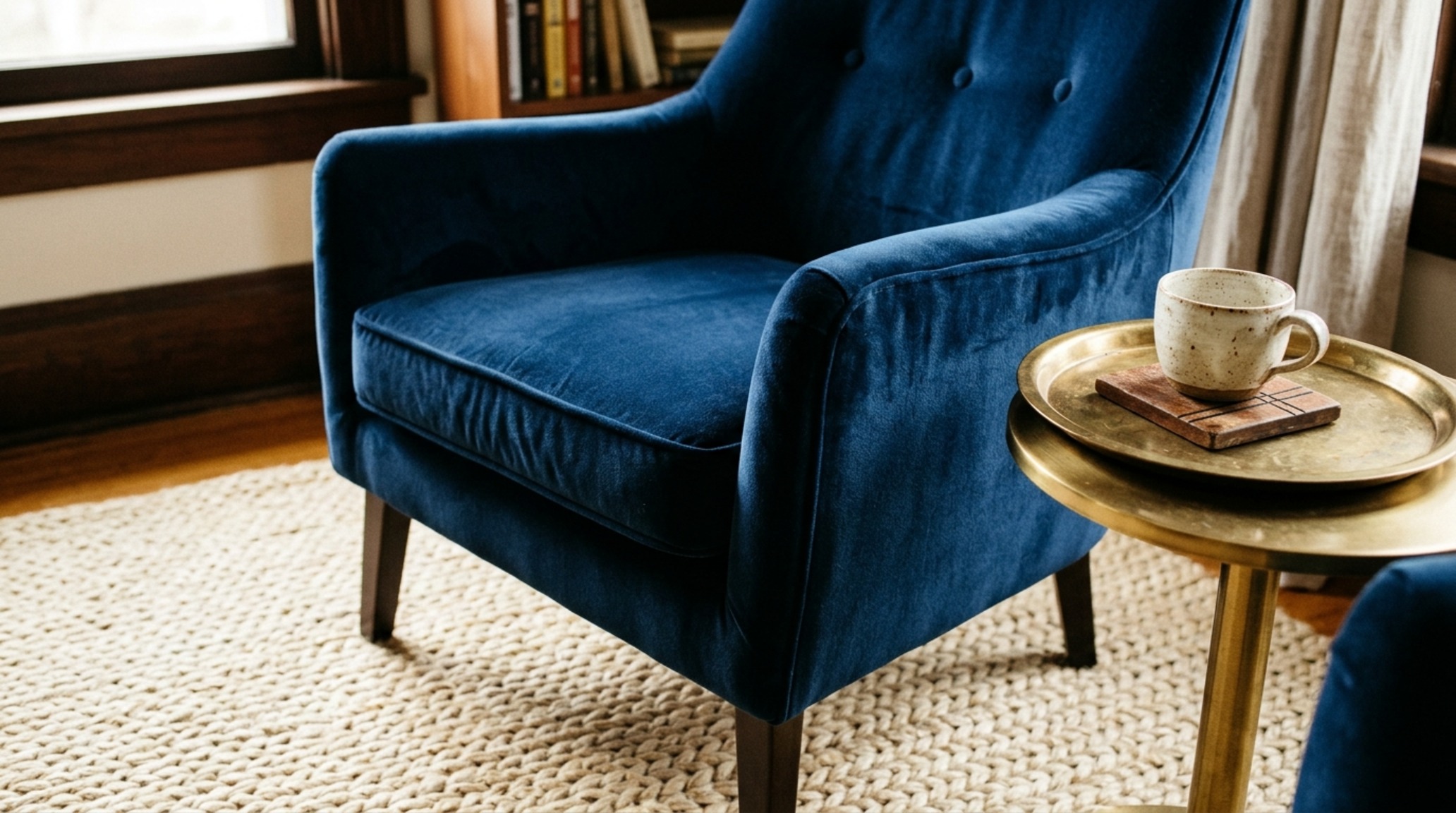 luxury inexpensive apartment decorating ideas textures highlighting a velvet accent chair paired with a high-pile wool rug and unlacquered brass hardware details. luxury inexpensive apartment decorating ideas textures highlighting a velvet accent chair paired with a high-pile wool rug and unlacquered brass hardware details.