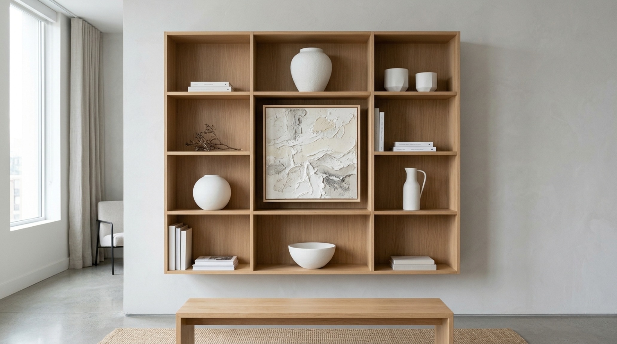 modern inexpensive apartment decorating ideas ideas featuring a modular shelving unit with curated ceramics and organic-shaped wooden vessels. modern inexpensive apartment decorating ideas ideas featuring a modular shelving unit with curated ceramics and organic-shaped wooden vessels.