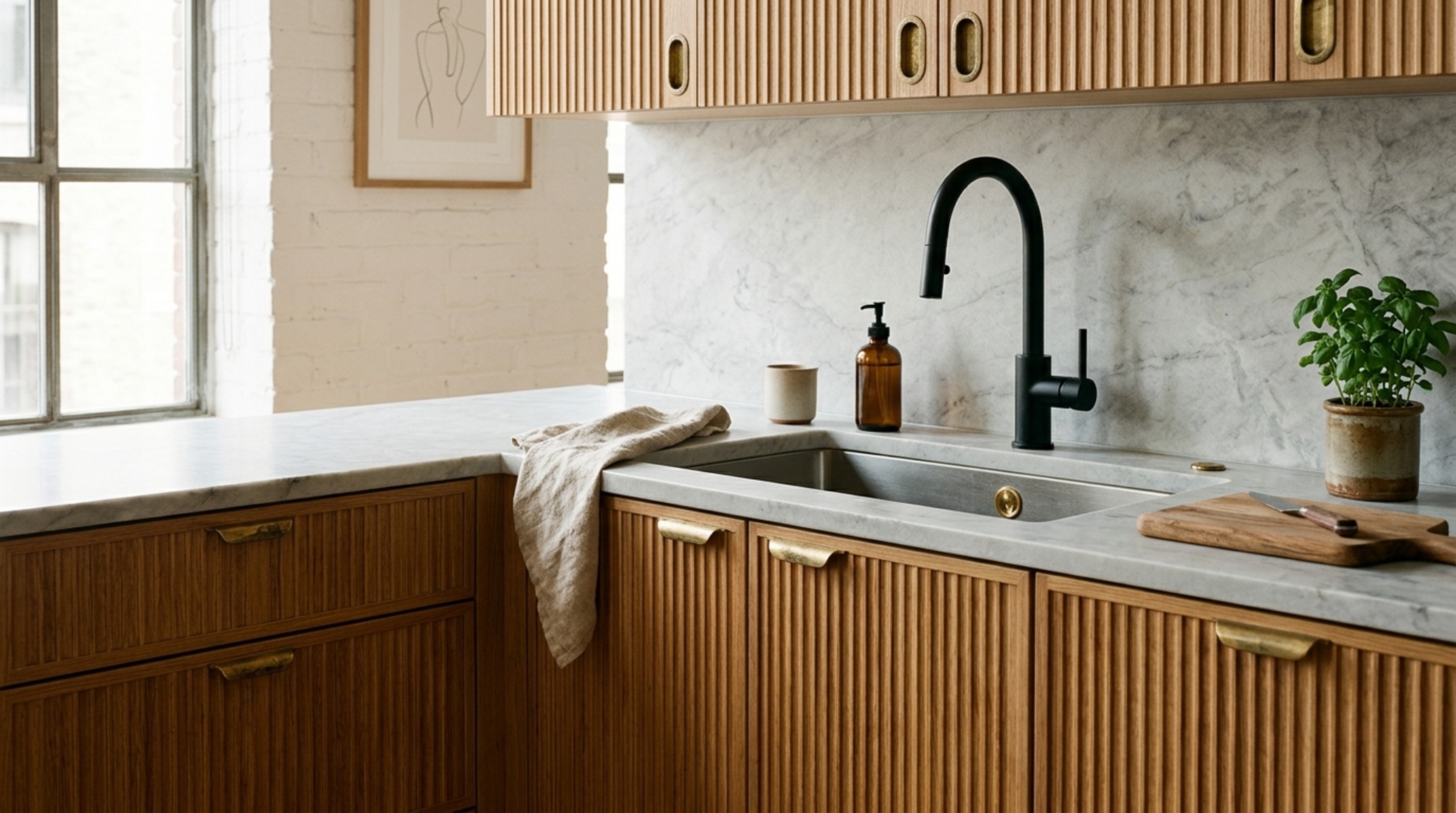 luxury inexpensive apartment decorating ideas textures focusing on the detail of fluted oak cabinetry and a matte black faucet in a modern kitchenette. luxury inexpensive apartment decorating ideas textures focusing on the detail of fluted oak cabinetry and a matte black faucet in a modern kitchenette.
