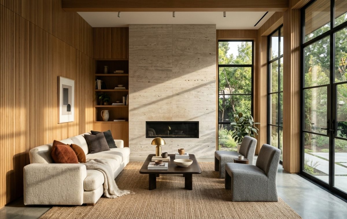 luxury interior design my house textures featuring a fluted white oak wall panel and a honed silver travertine coffee table in a sun-drenched living room