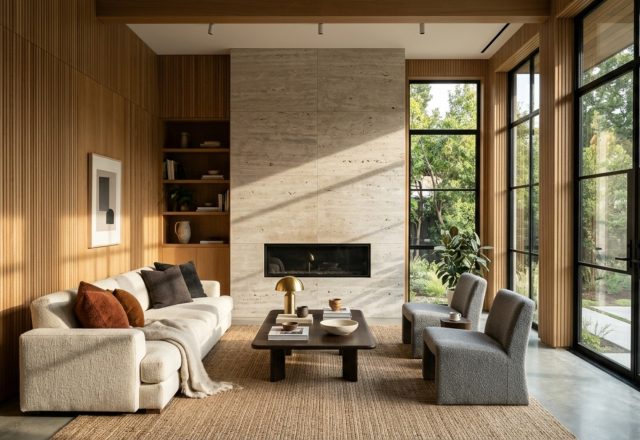 luxury interior design my house textures featuring a fluted white oak wall panel and a honed silver travertine coffee table in a sun-drenched living room
