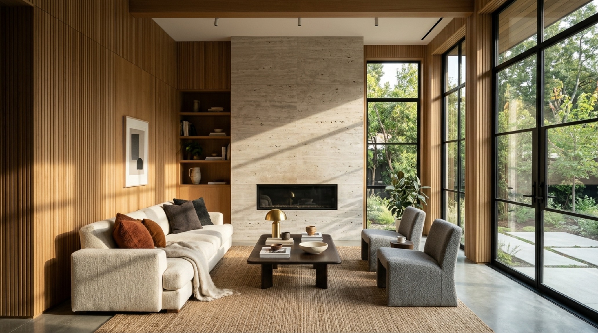 luxury interior design my house textures featuring a fluted white oak wall panel and a honed silver travertine coffee table in a sun-drenched living room luxury interior design my house textures featuring a fluted white oak wall panel and a honed silver travertine coffee table in a sun-drenched living room