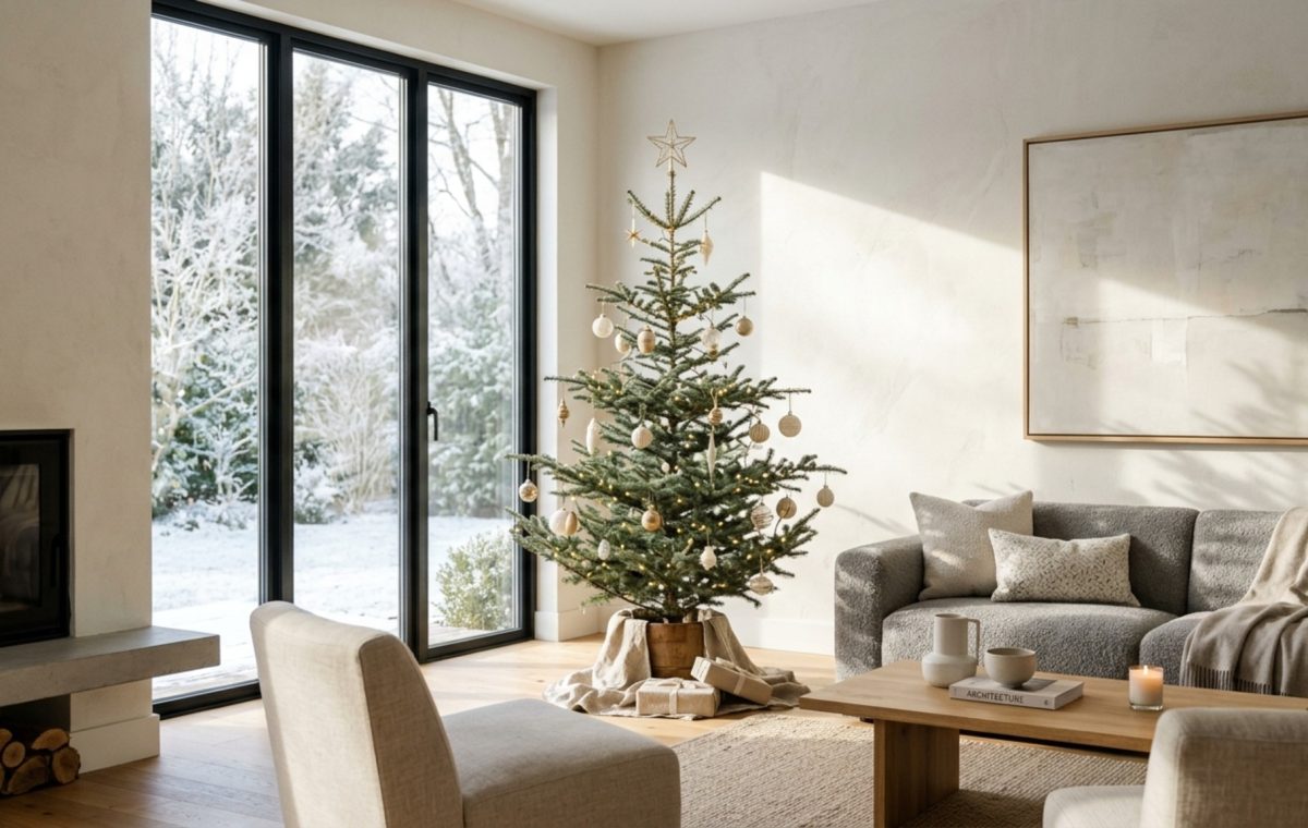 modern interior christmas decor ideas featuring a minimalist silver fir tree in a limestone living room with high ceilings and neutral tones