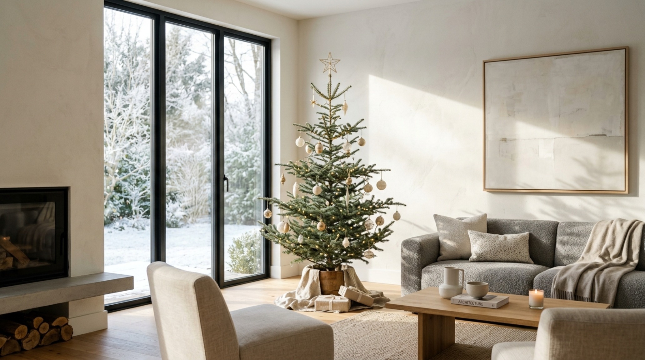 modern interior christmas decor ideas featuring a minimalist silver fir tree in a limestone living room with high ceilings and neutral tones modern interior christmas decor ideas featuring a minimalist silver fir tree in a limestone living room with high ceilings and neutral tones