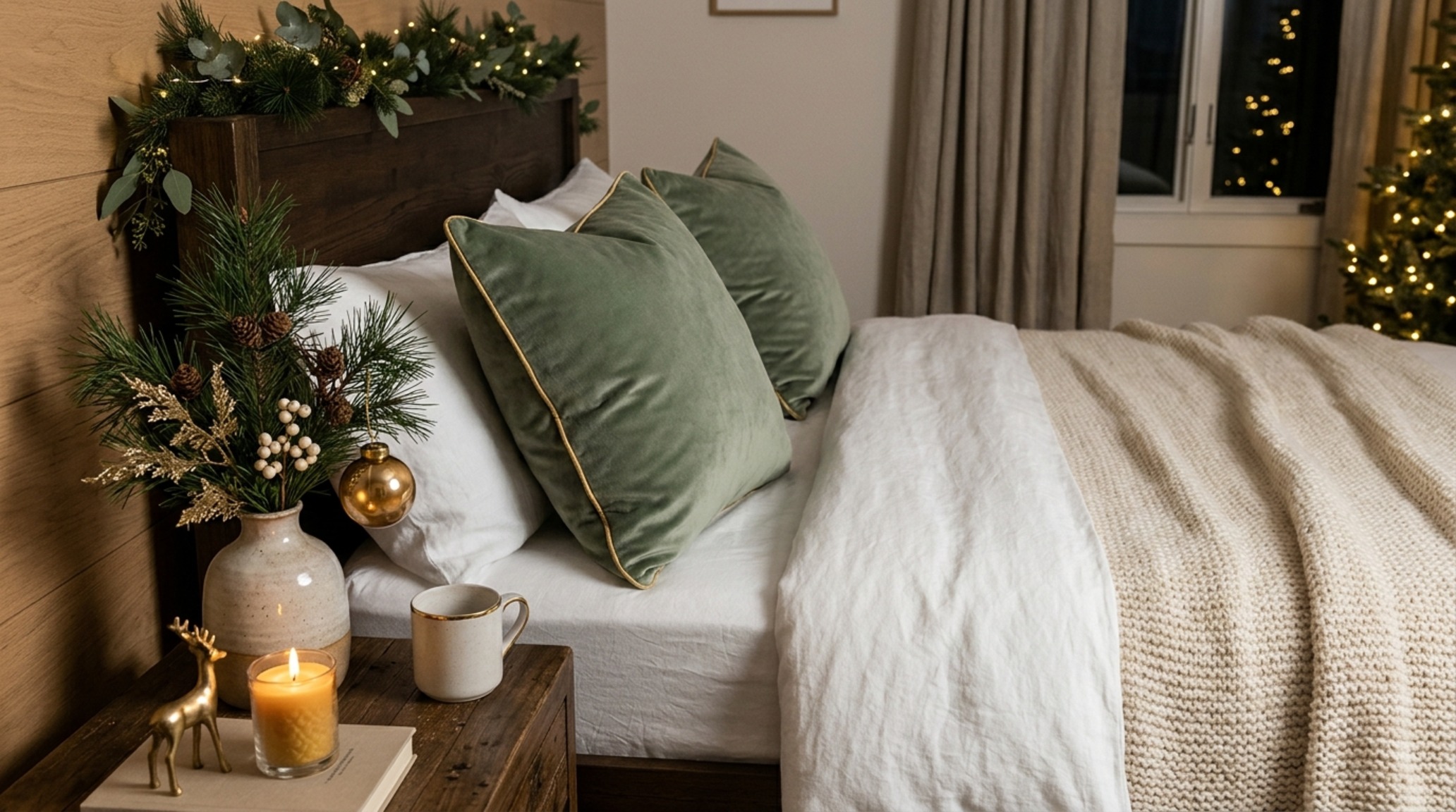 luxury interior christmas decor textures including hand-poured soy candles and velvet ribbons in a serene bedroom sanctuary luxury interior christmas decor textures including hand-poured soy candles and velvet ribbons in a serene bedroom sanctuary