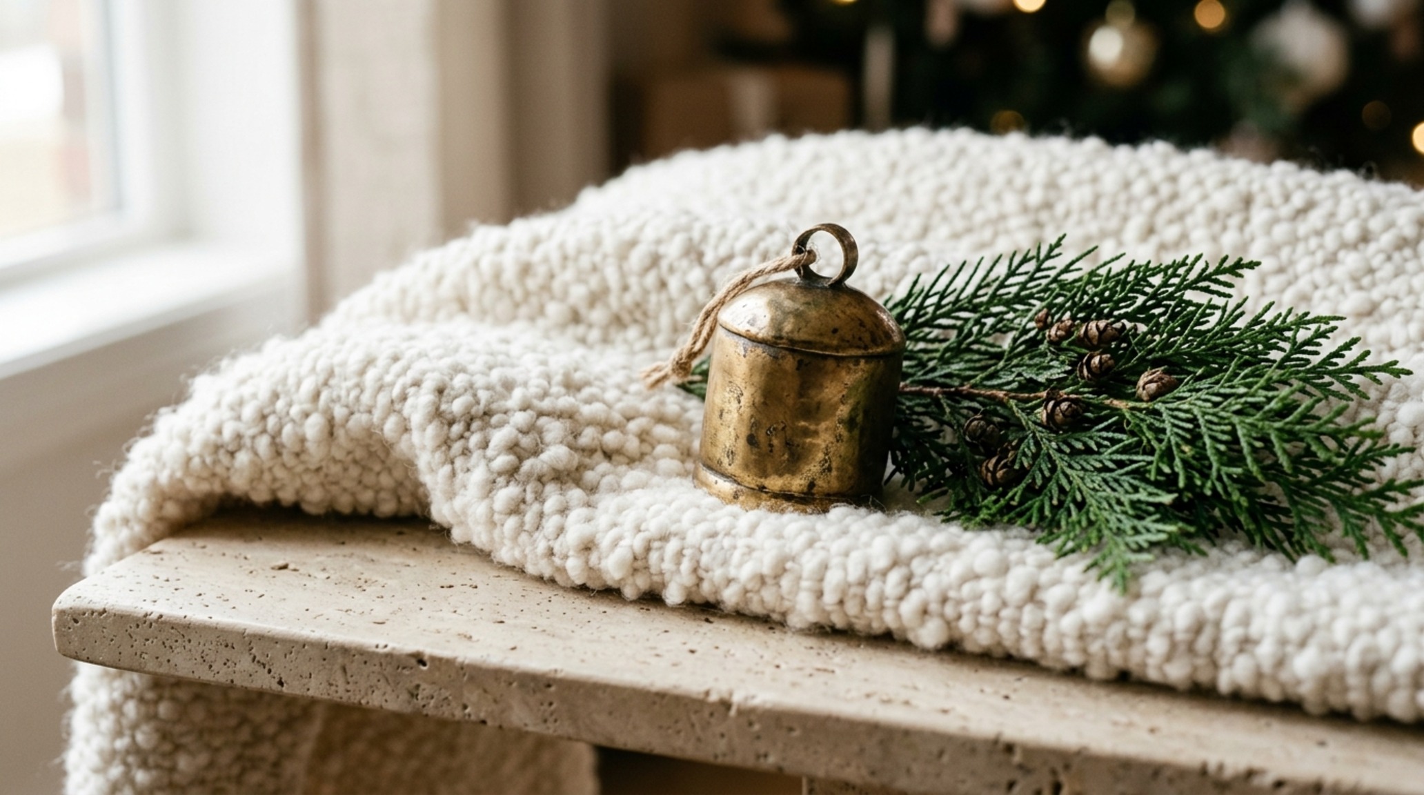 luxury interior christmas decor textures showcased through a heavy wool boucle throw draped over a travertine coffee table with brass accents luxury interior christmas decor textures showcased through a heavy wool boucle throw draped over a travertine coffee table with brass accents
