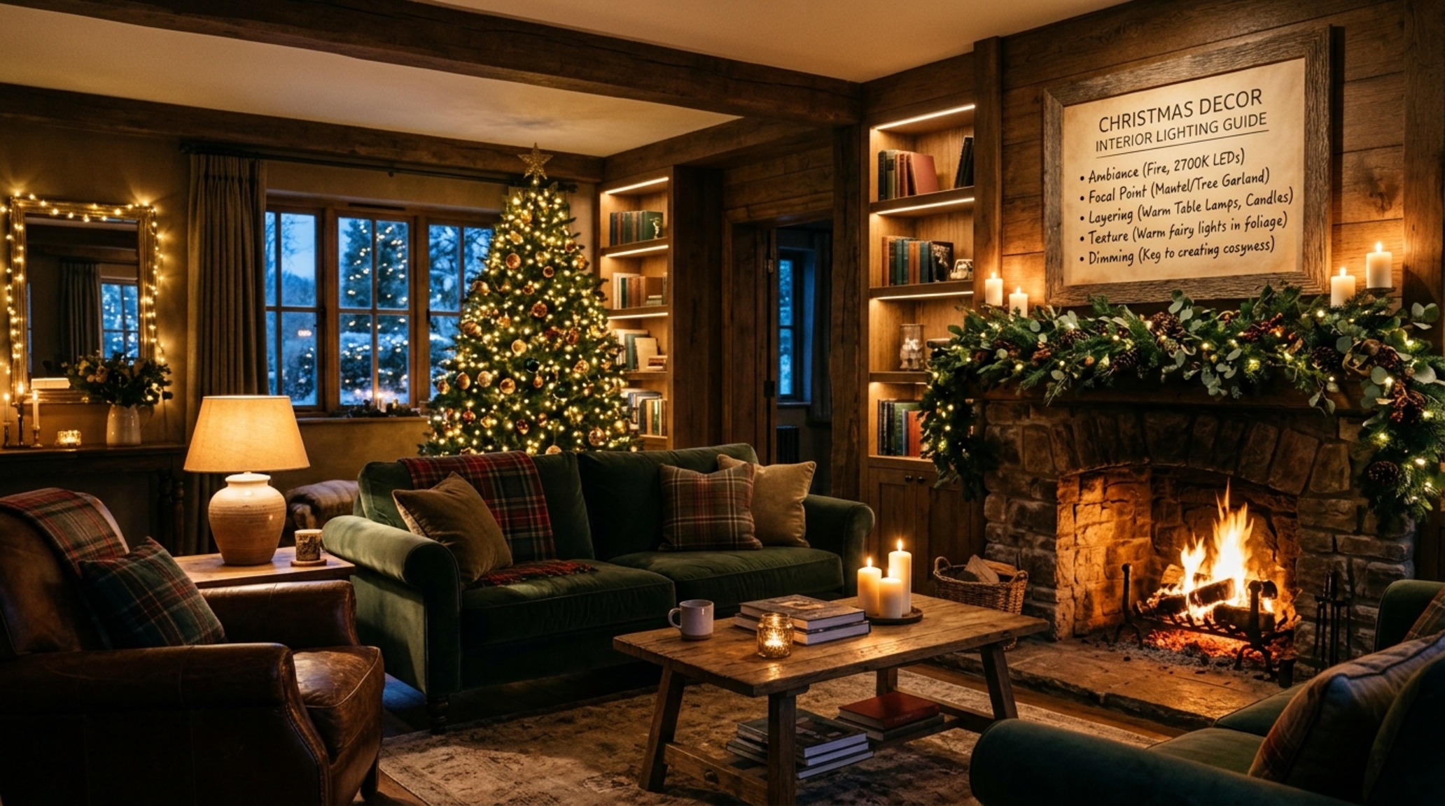 interior christmas decor lighting guide demonstrating 2700K warm ambient glow from integrated LED strips and handmade beeswax candles interior christmas decor lighting guide demonstrating 2700K warm ambient glow from integrated LED strips and handmade beeswax candles