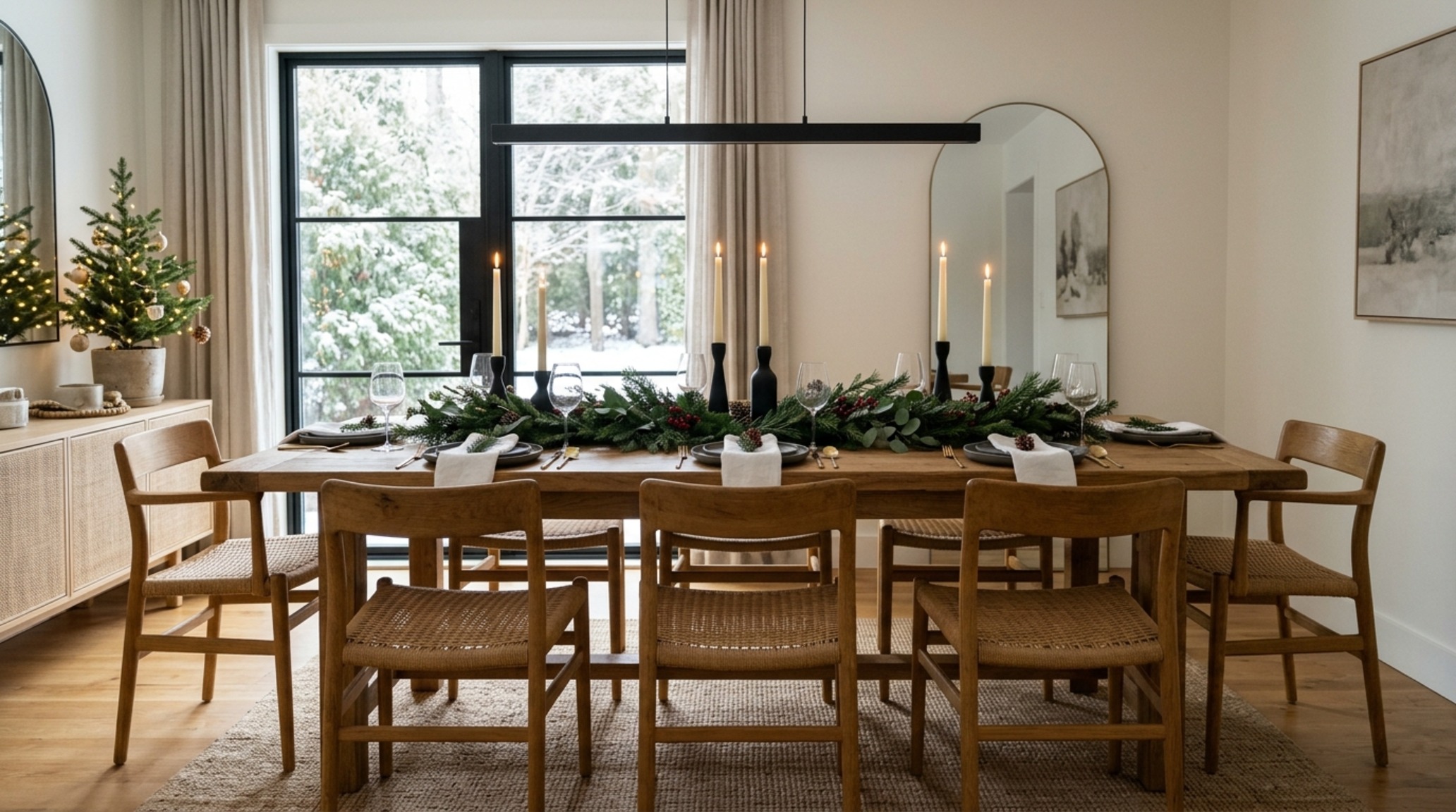 modern interior christmas decor ideas for a dining room with 30-inch chair clearances and a low-profile eucalyptus centerpiece modern interior christmas decor ideas for a dining room with 30-inch chair clearances and a low-profile eucalyptus centerpiece