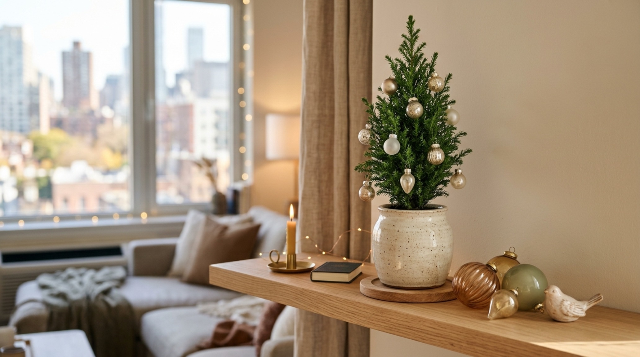 small space interior christmas decor in a compact urban apartment featuring a tabletop cypress tree and reflective glass ornaments small space interior christmas decor in a compact urban apartment featuring a tabletop cypress tree and reflective glass ornaments