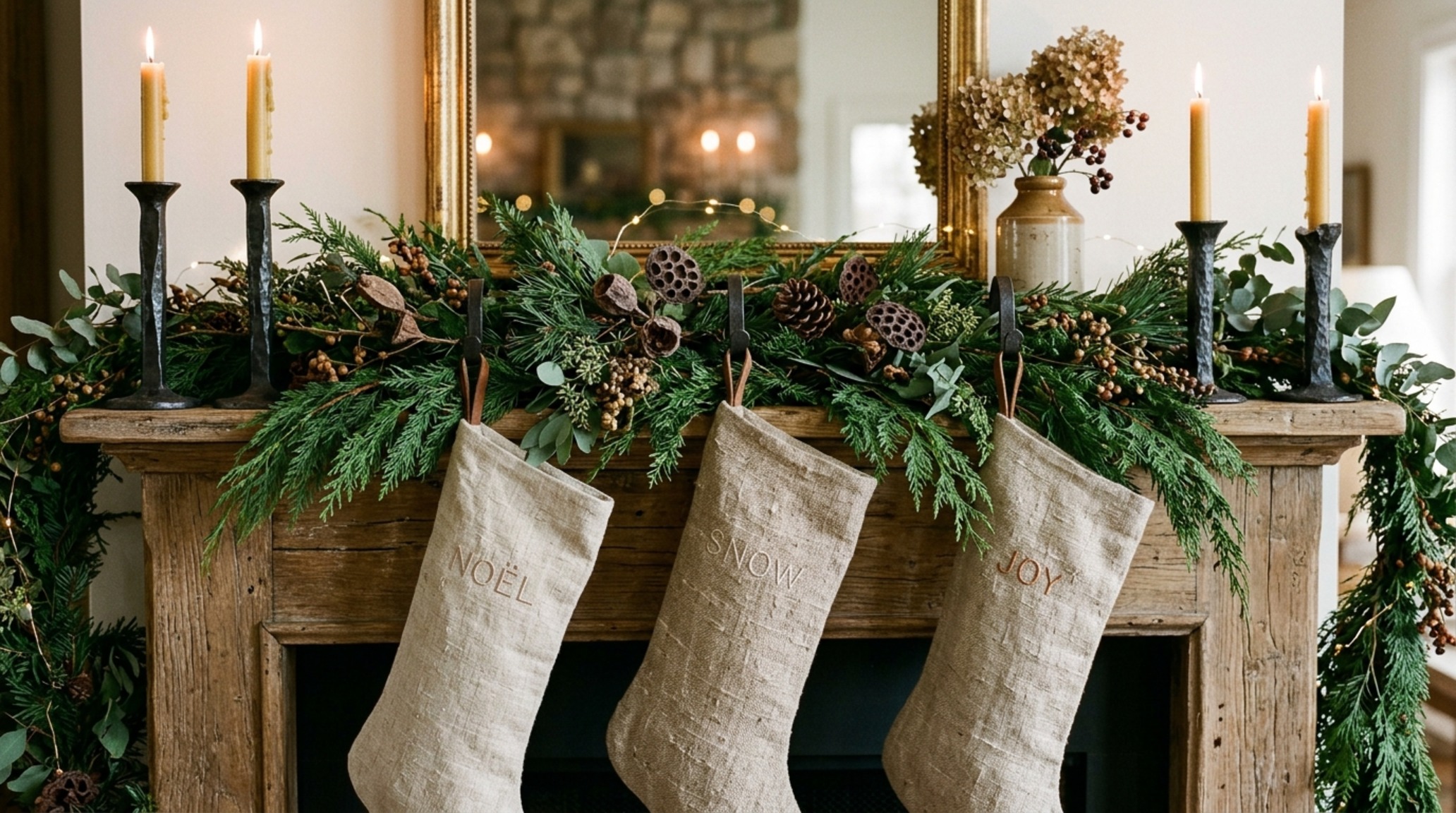luxury interior christmas decor textures highlighting the contrast between raw linen stockings and a reclaimed wood mantelpiece luxury interior christmas decor textures highlighting the contrast between raw linen stockings and a reclaimed wood mantelpiece